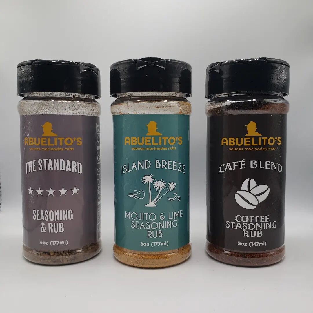 This is the starting lineup for Abuelito's.  We will be launching our website with these three seasonings. 

Caf&eacute; Blend is made with Bustelo's medium roast and gives your meat a unique depth of flavor. 

THE STANDARD is an ideal blend of the t