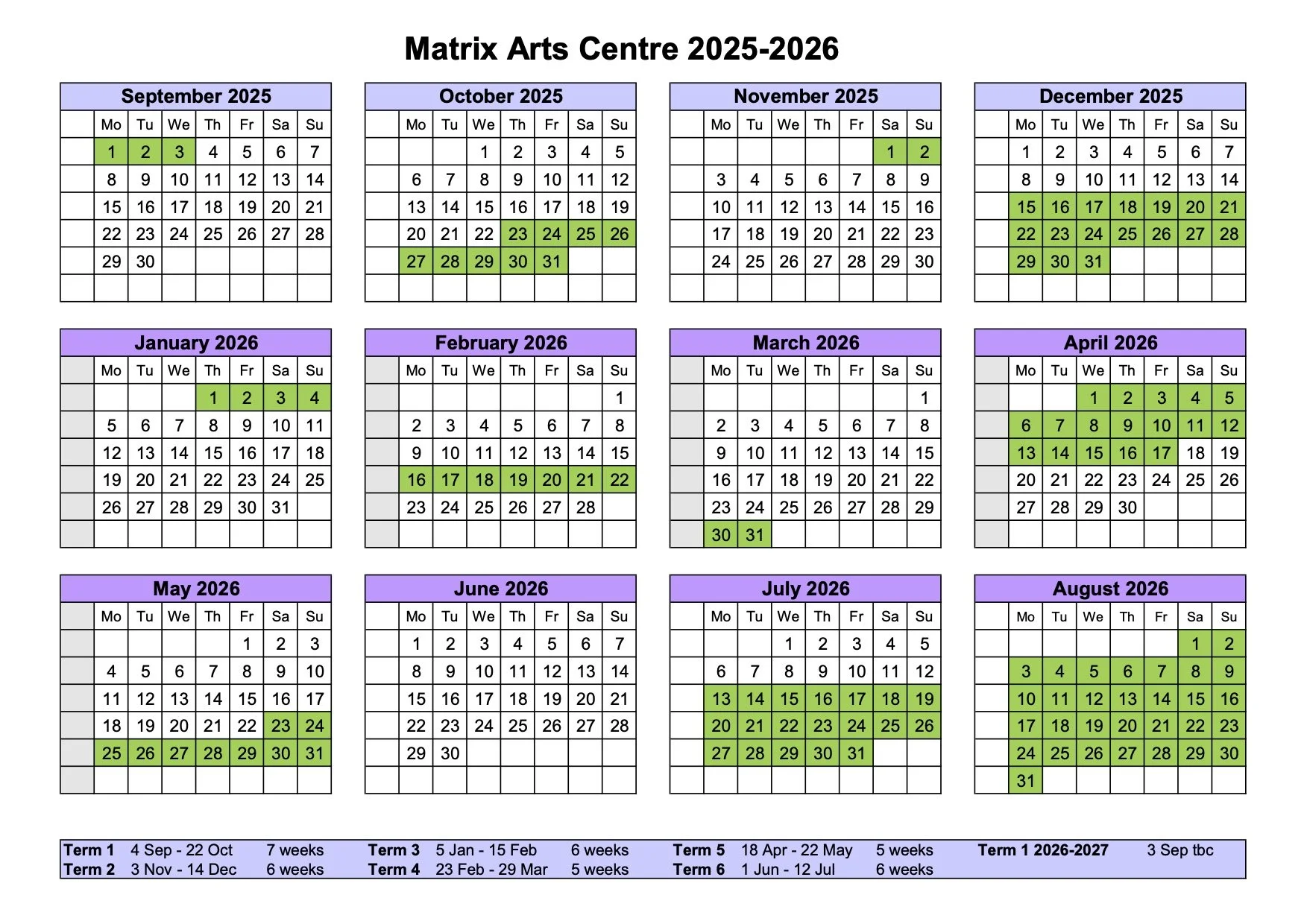 Academic calendar for Matrix Arts Centre 2025-2026, showing months from September 2025 to August 2026 term dates.