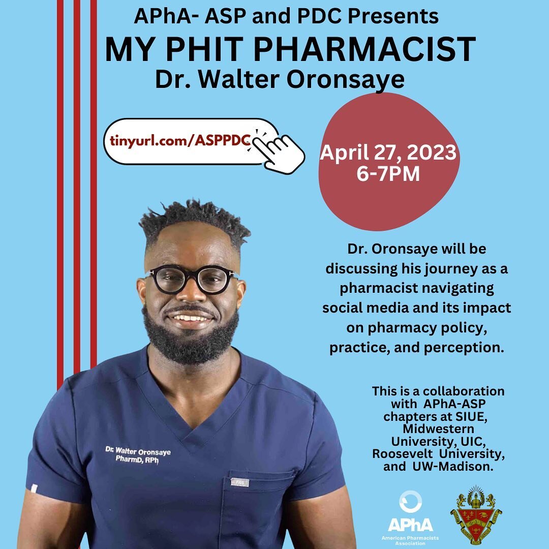 🚨Share with your pharm friends🚨

Join RFUMS APhA-ASP and PDC Chapters as we host @myphitpharmacist as he discusses his journey as a pharmacist navigating social media and its impact on pharmacy policy, practice, and perception. 💊💻

This is a coll