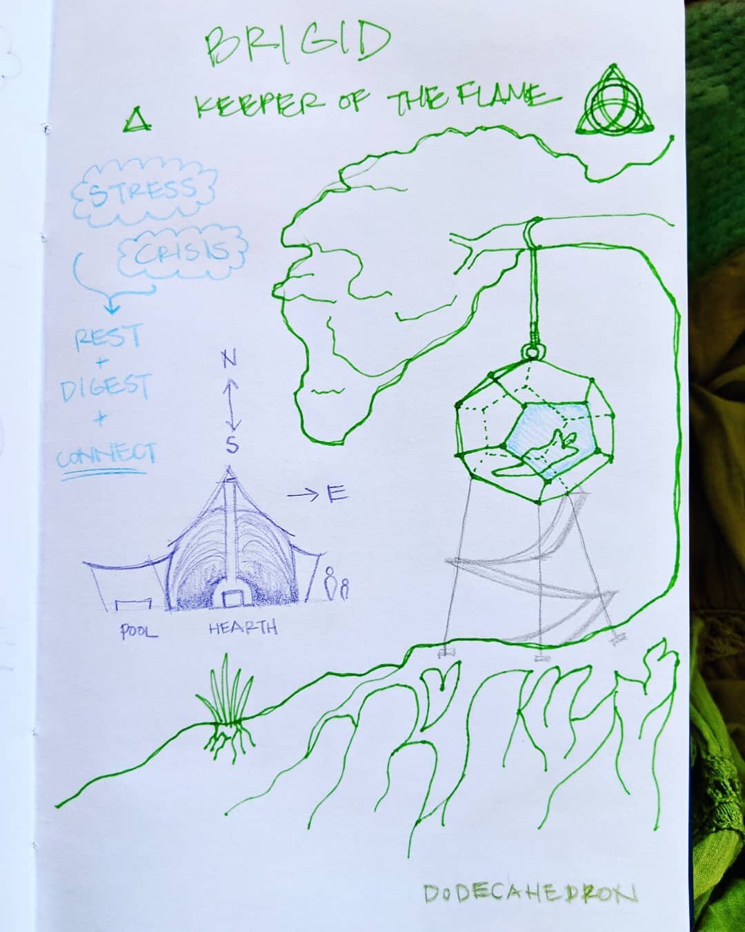 Concept Sketch for Related Sacred Spaces - a chapel and meditation pod based on the sacred geometry of the dodecahedron, the four elements (earth, air, fire, water), and the four cardinal directions.
.
In our fast-paced world of tech, stress and stra