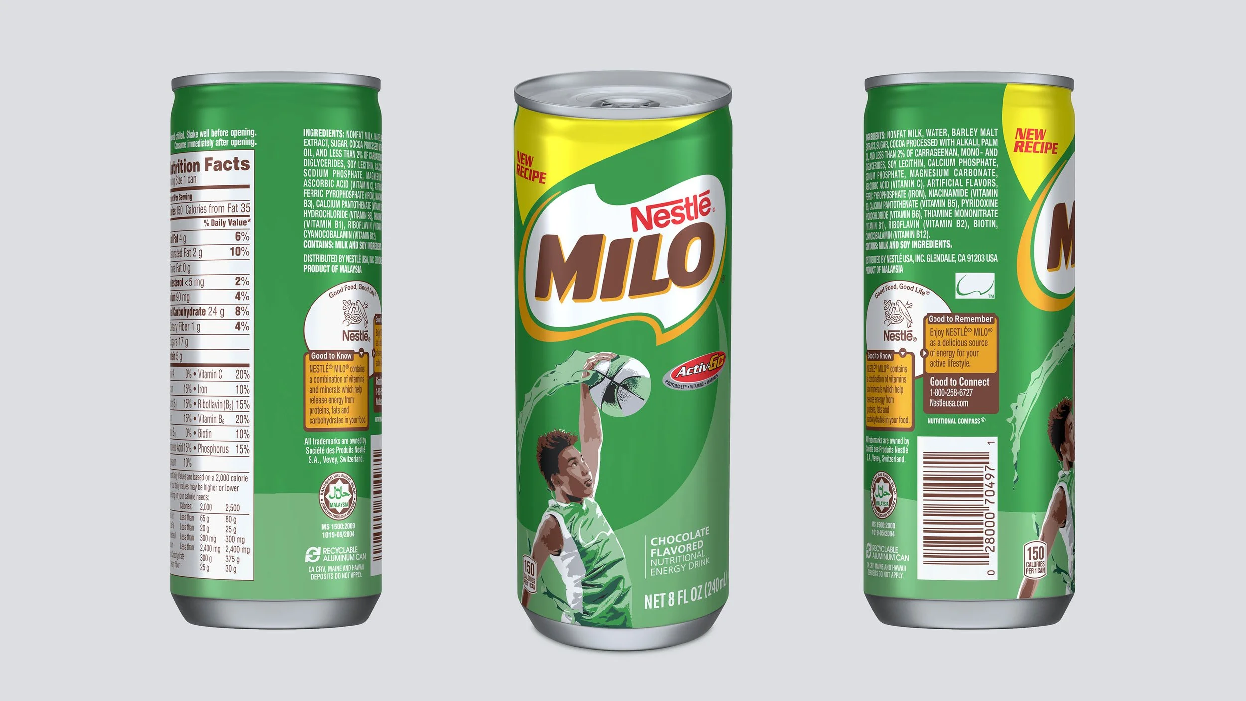 Three cans of Nestlé Milo chocolate-flavored energy drink, with the front, back, and side views visible. The design is green with a picture of a boy playing volleyball. Renderings