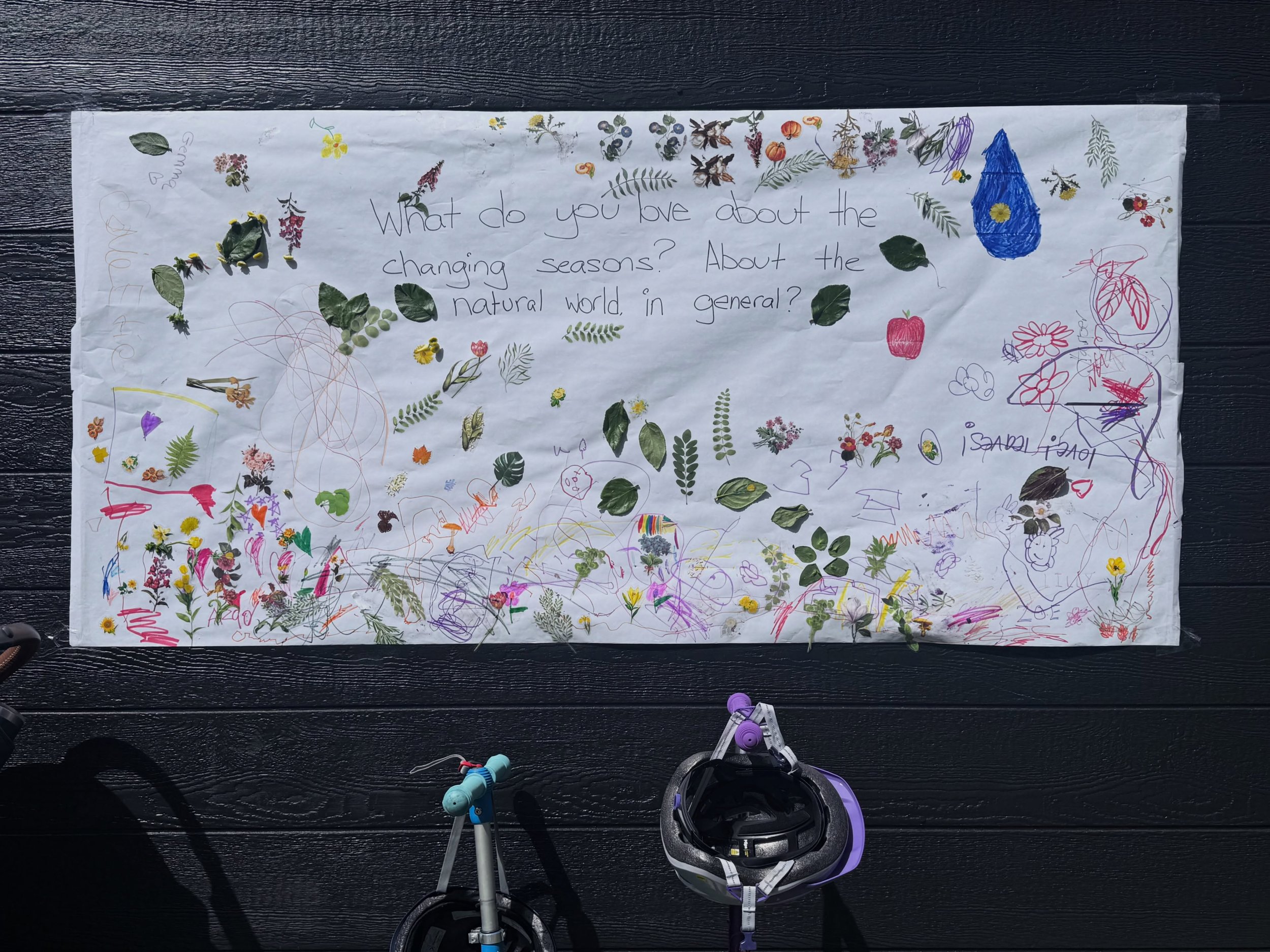 This past Saturday, a group of awesome kids and I created a communal collage for Rosh Hashanah. @theneighborhoodbk hosted a family service and outside we pasted leaves, flowers, and stickers, drew, and talked about the natural world and the changing 