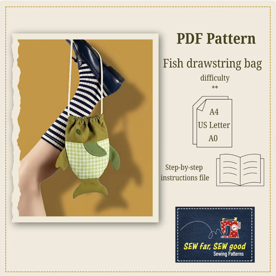 Image of a fish-shaped drawstring bag made with an easy PDF sewing pattern and instructions.