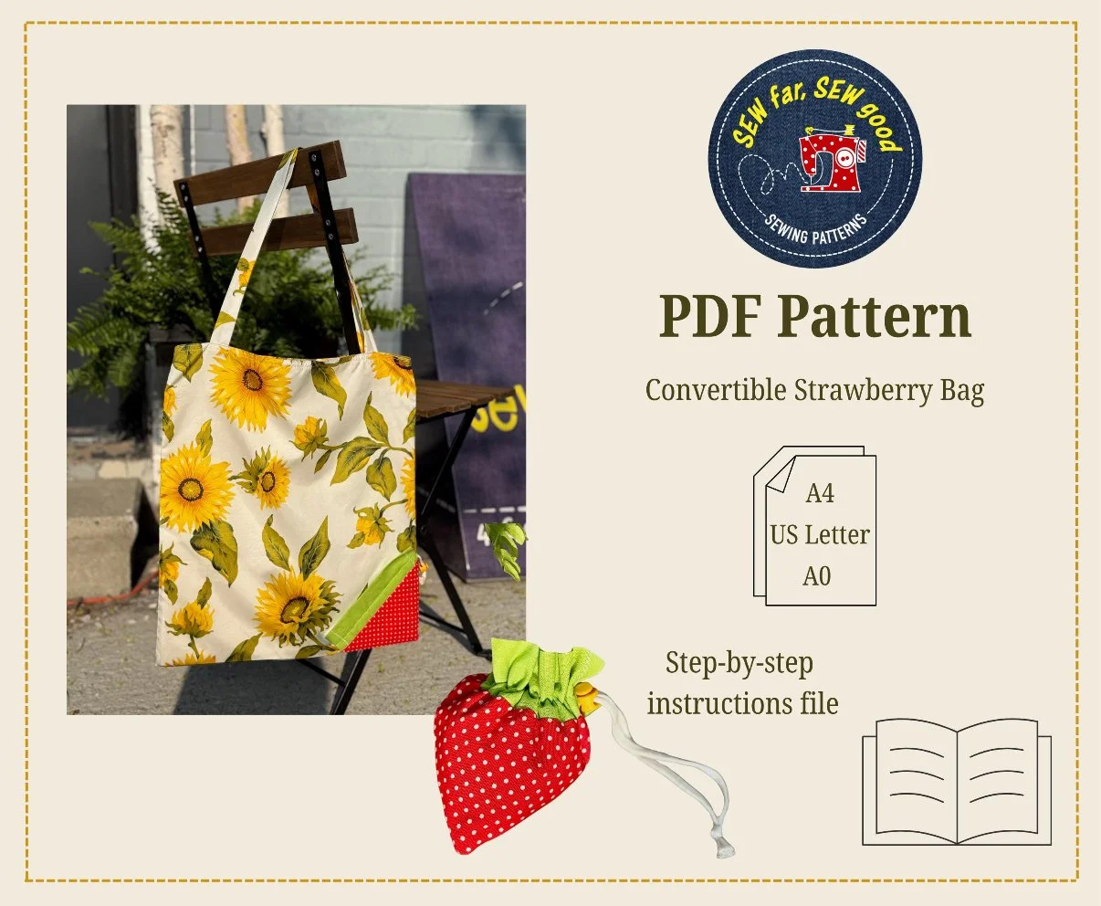 A product packaging design for a PDF sewing pattern featuring a convertible strawberry bag, with instructions included, displaying a photo of a sunflower-patterned bag hanging on a chair, and an illustrated strawberry bag with a green top and a red body with white polka dots.
