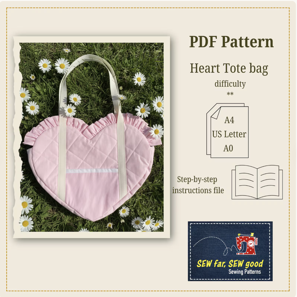 Pattern and tutorial for a sewing project of a pink heart-shaped tote bag with ruffled edges, handles, set on grass with daisies, includes instructions for different paper sizes and sewing instructions.