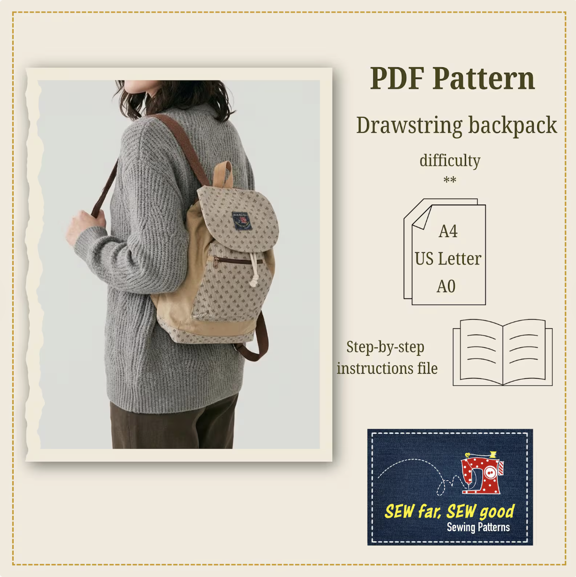 Back view of a woman wearing a gray knitted sweater and carrying a tan drawstring backpack with a patterned flap and front zipper pocket, standing against a plain background, with text about PDF pattern instructions for making the backpack.