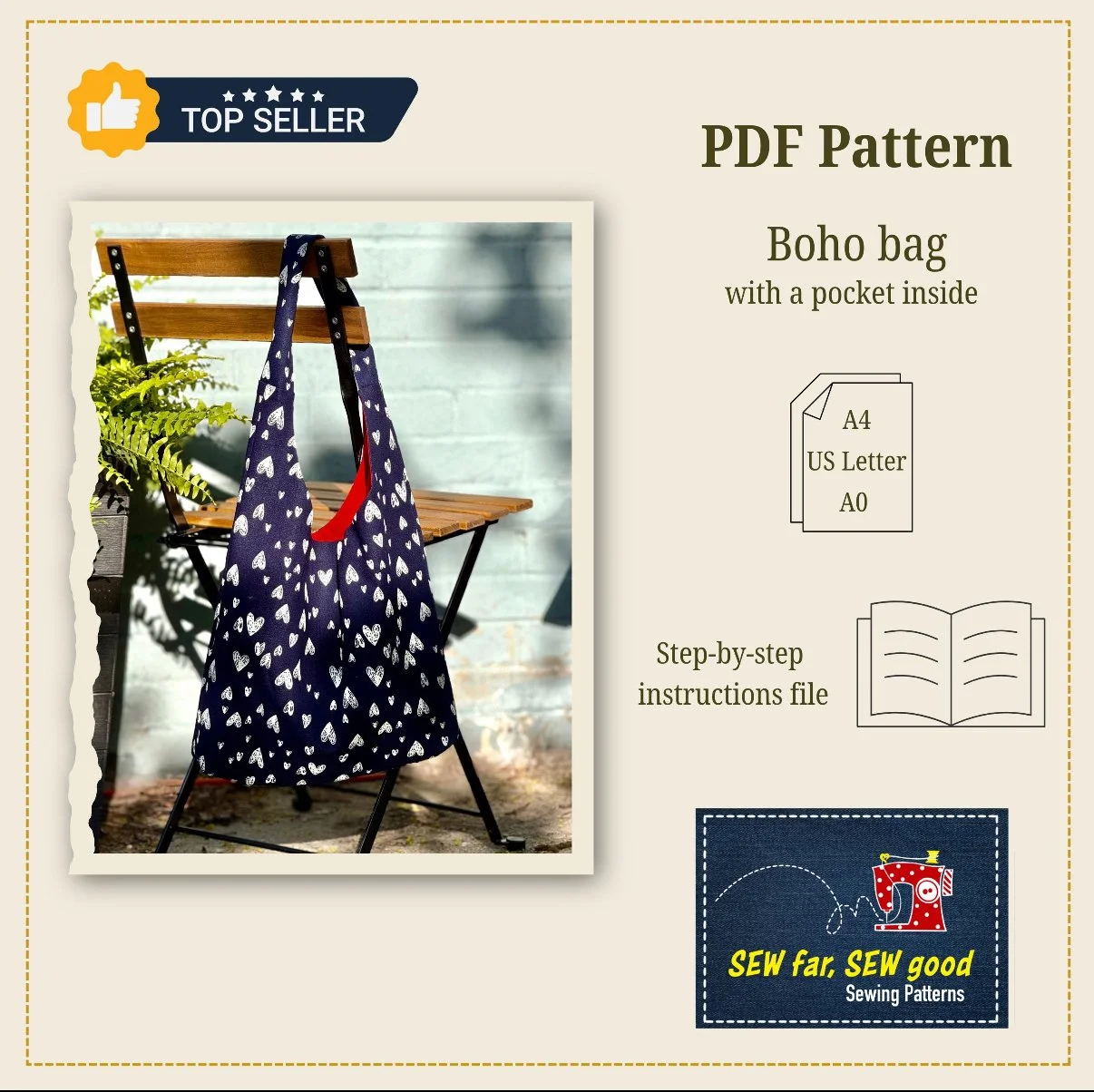 Pattern for a boho style fabric bag with a pocket, shown on a chair; includes instructions and sewing pattern details.