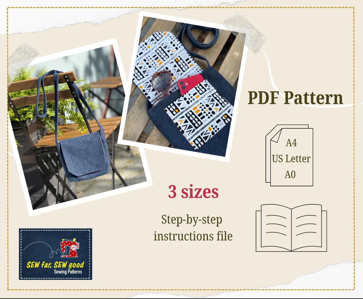 Promotional graphic for sewing pattern PDF, featuring images of a denim bag and fabric with a geometric print, with text indicating three sizes, step-by-step instructions, and compatible paper sizes including A4, US Letter, and A0.