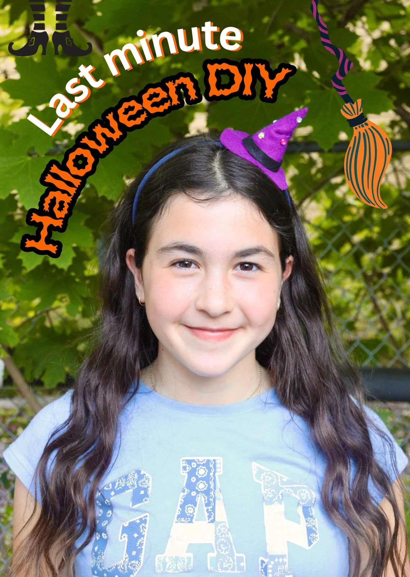 Young girl with long wavy hair smiling outdoors, wearing a light blue shirt with patterned letters and a purple witch hat headband. Decorative text and icons for Halloween DIY appear around her.