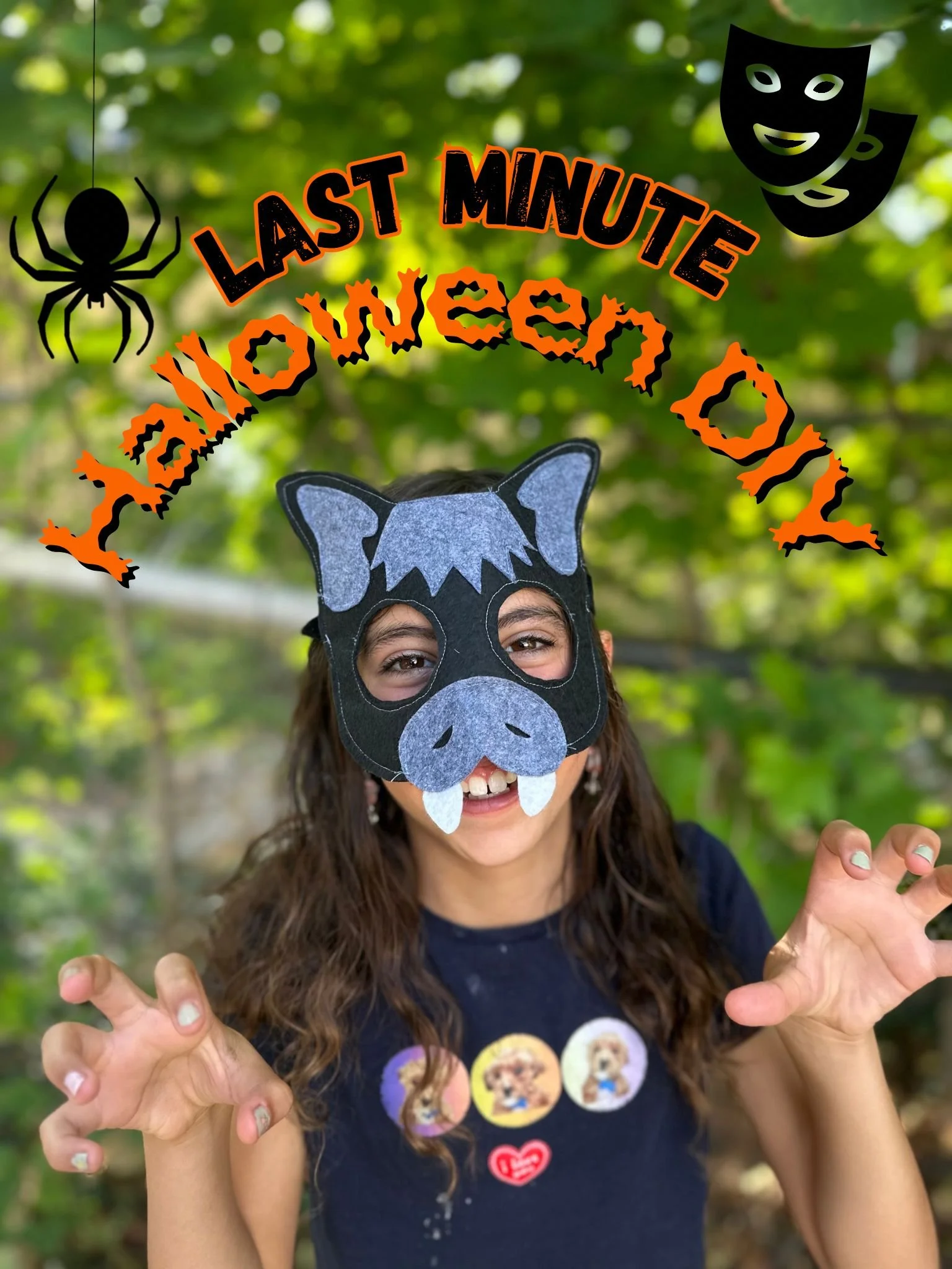 A girl outdoors wearing a dog mask and Halloween-themed decorations. The image has text that reads 'Last Minute Halloween Day' with spider and mask icons.