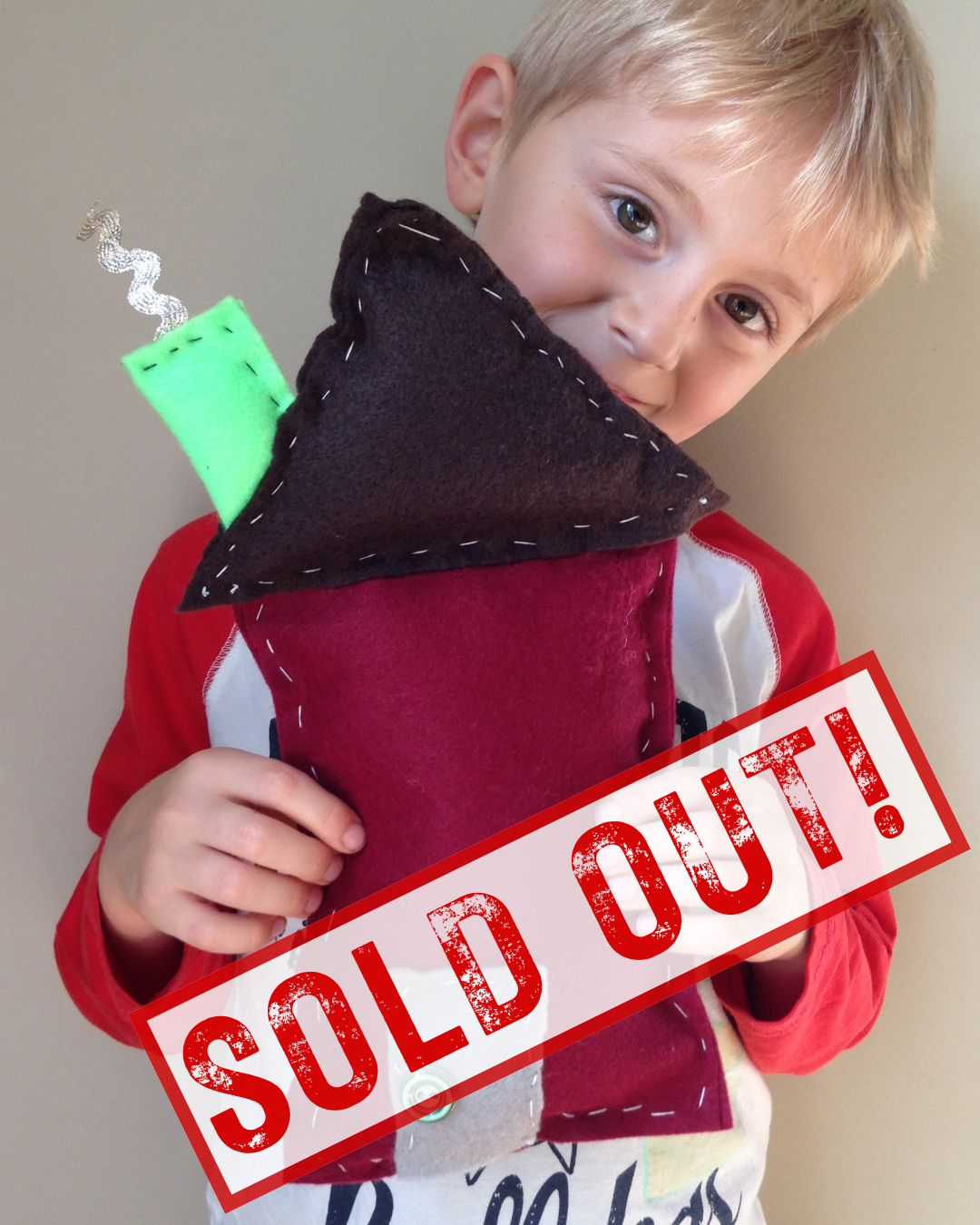 A young boy with blonde hair holding a colorful plush toy resembling a Christmas stocking with a green and silver pipe cleaner on top. The toy has a red body, a black triangle at the top, and is marked with a red 'SOLD OUT!' stamp.