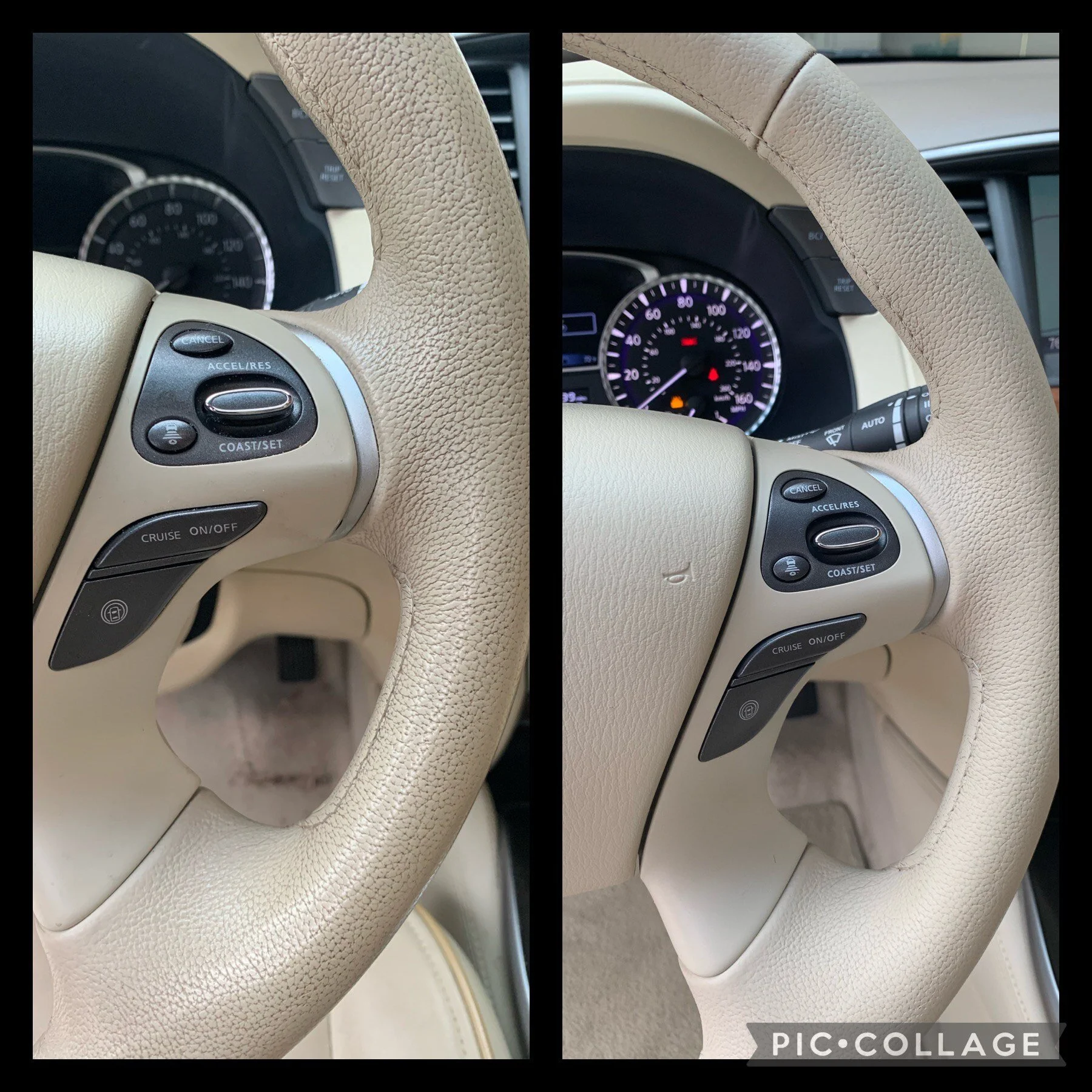 Comparison of two beige steering wheels in a car, showing different close-up angles and controls.