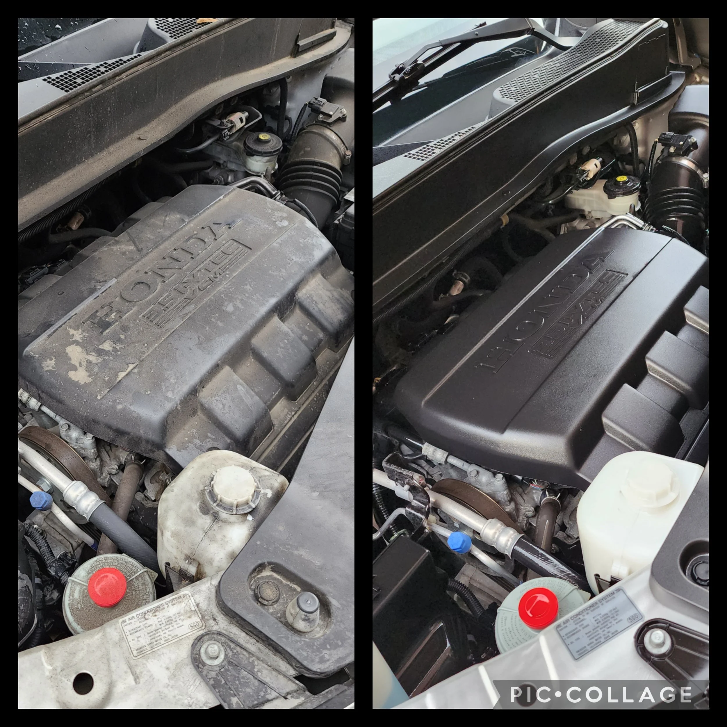 Comparison of two car engines: the left shows a dirty, dusty engine with a weathered cover, the right shows a clean, black engine cover with newer components.