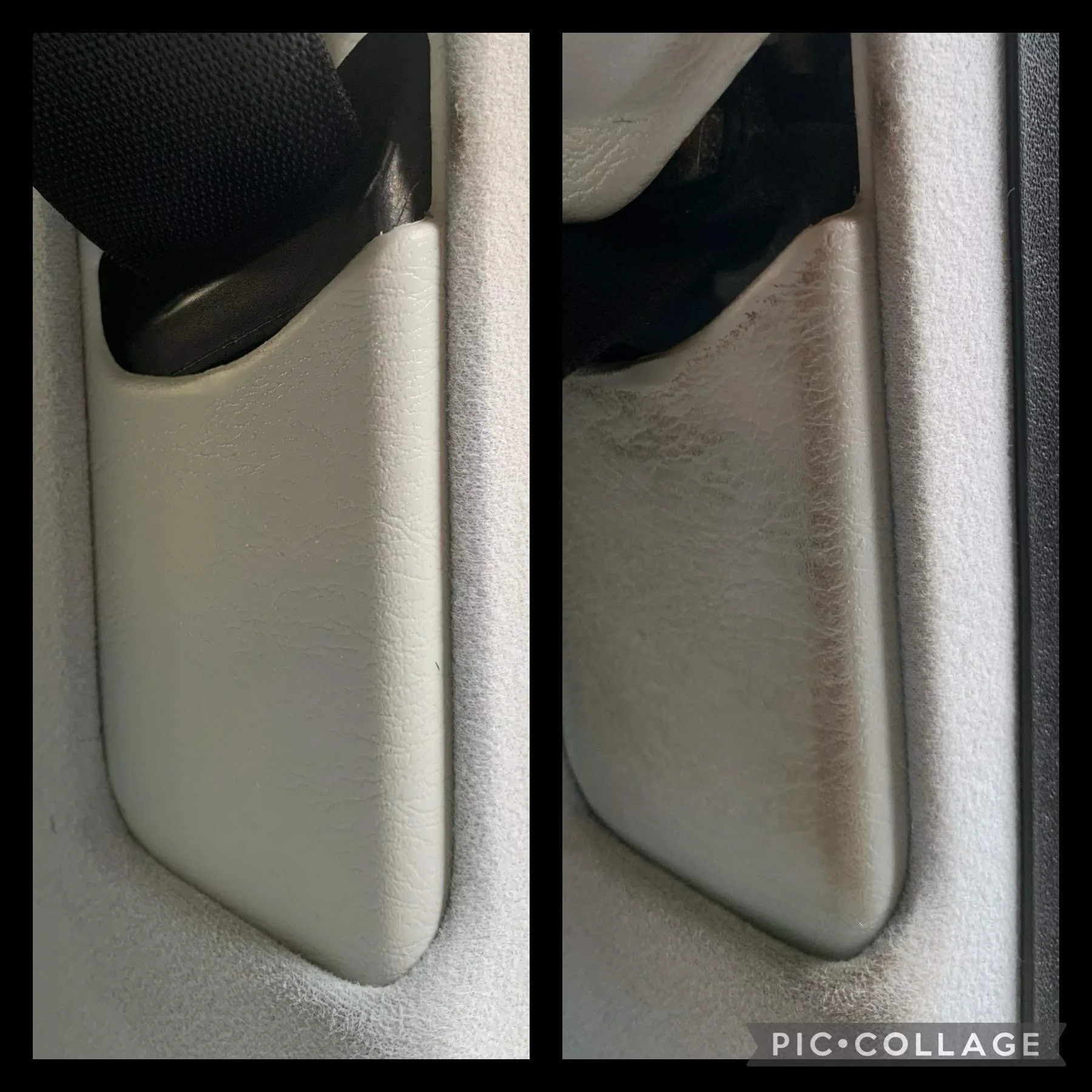 Close-up of the side of a beige vehicle seat, showing a black seat adjustment knob and surrounding fabric.