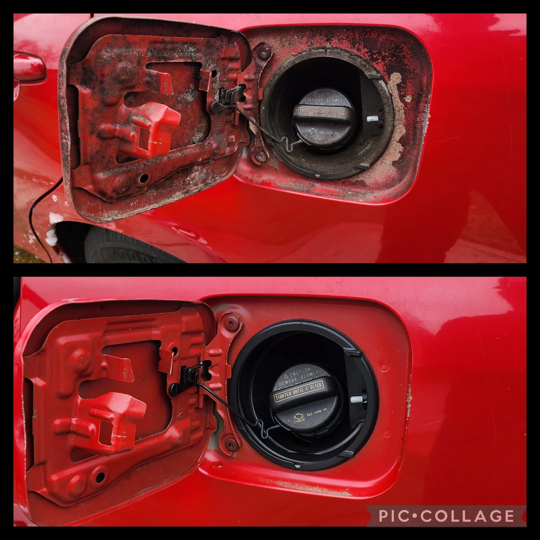 Comparison of a dirty, rusty car fuel door and a clean, new fuel door on a red car.