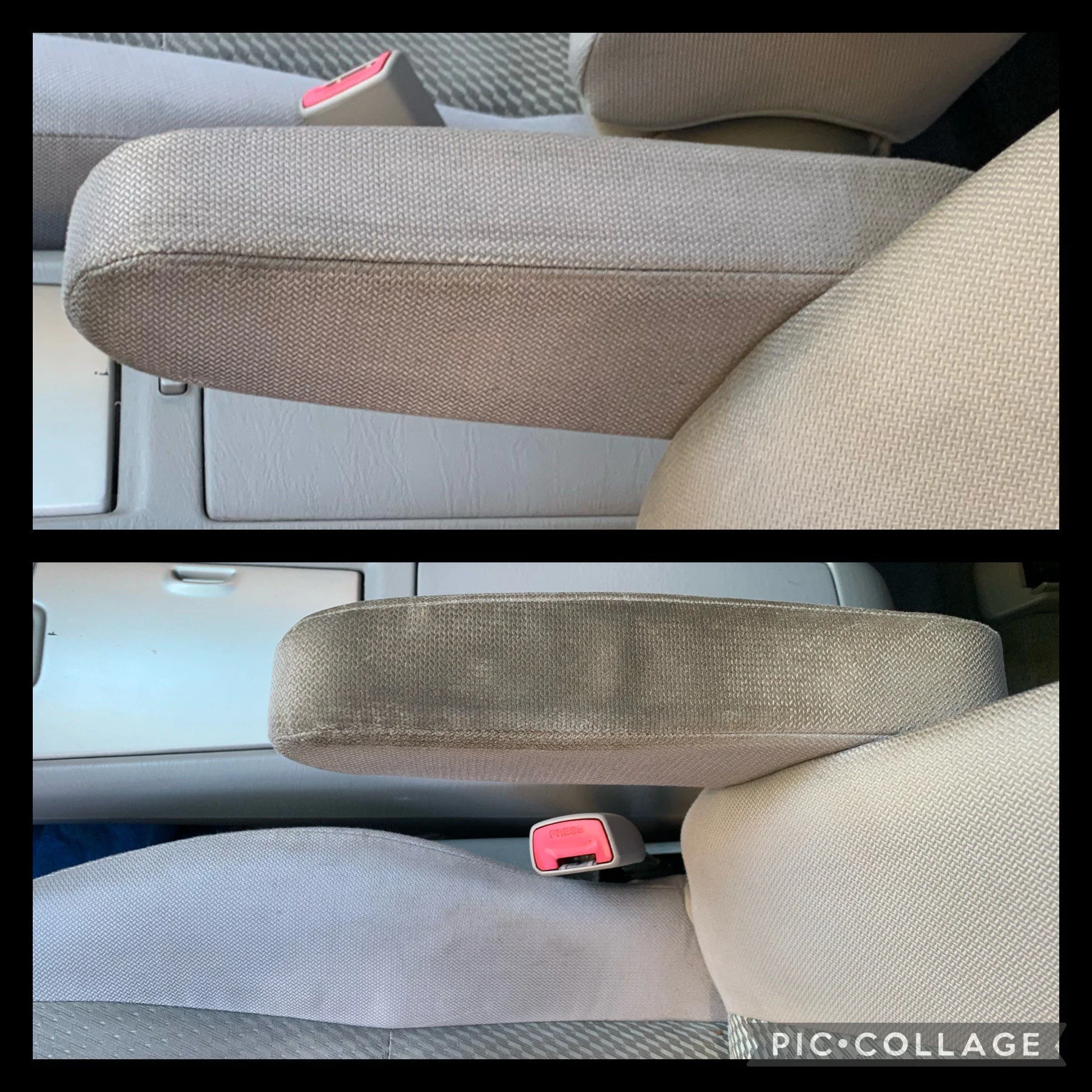 Comparison of two beige car armrests, with the top one clean and the bottom one stained and dirty.
