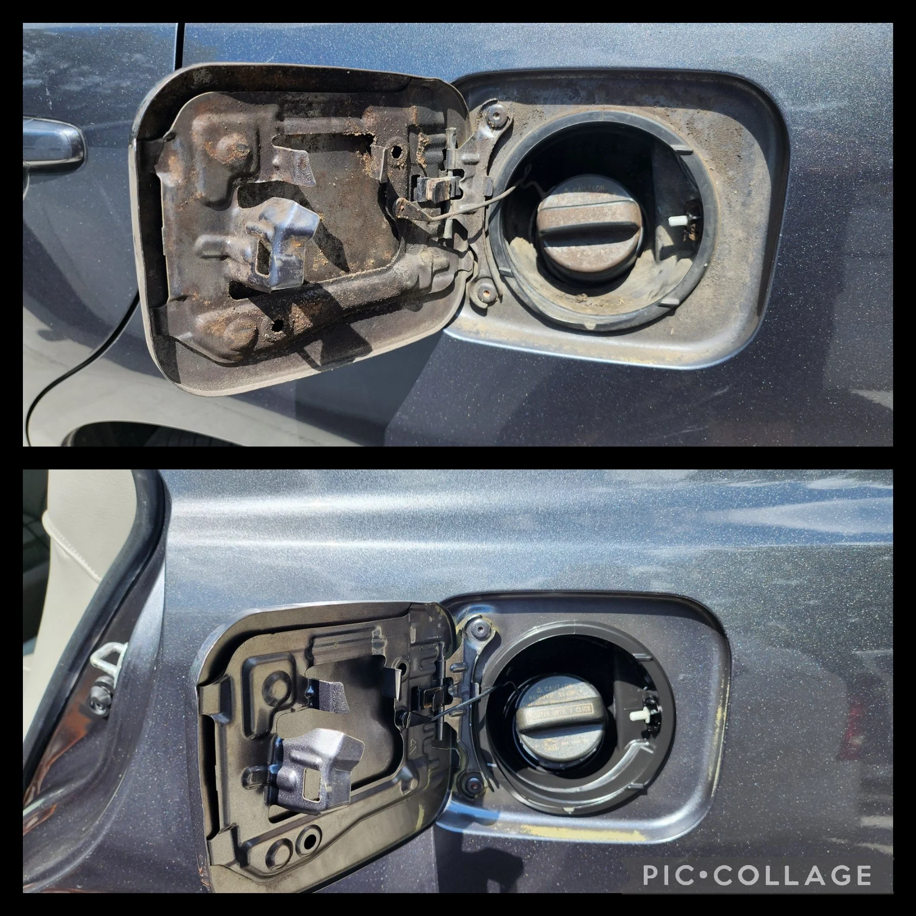 Comparison of a car fuel door before and after cleaning or repair, with the top showing a dirty, dusty fuel door and the bottom showing a clean, polished fuel door.