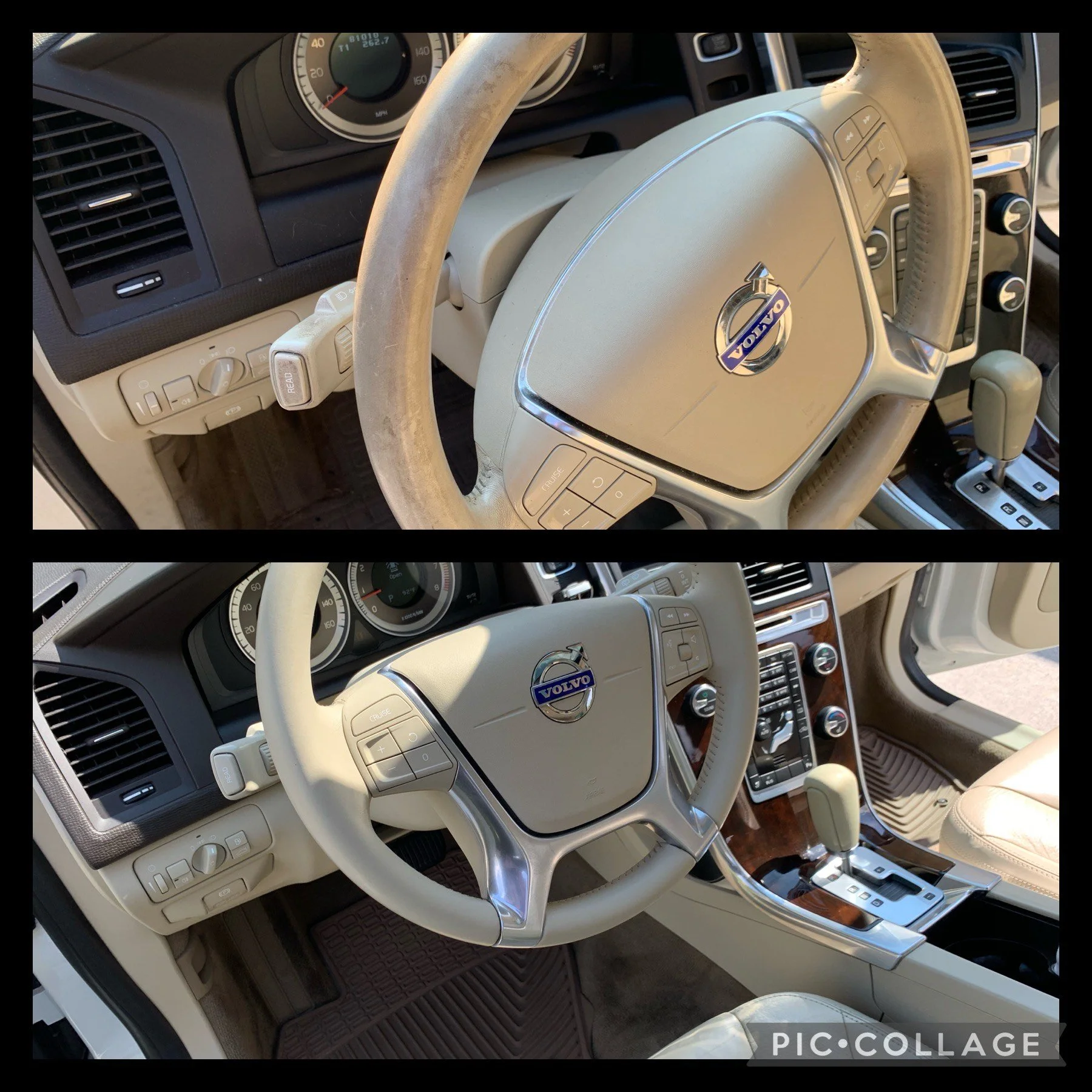 Before and after images of a Volvo car interior, showing the steering wheel, dashboard, and center console with upgrades to a more luxurious and modern design.