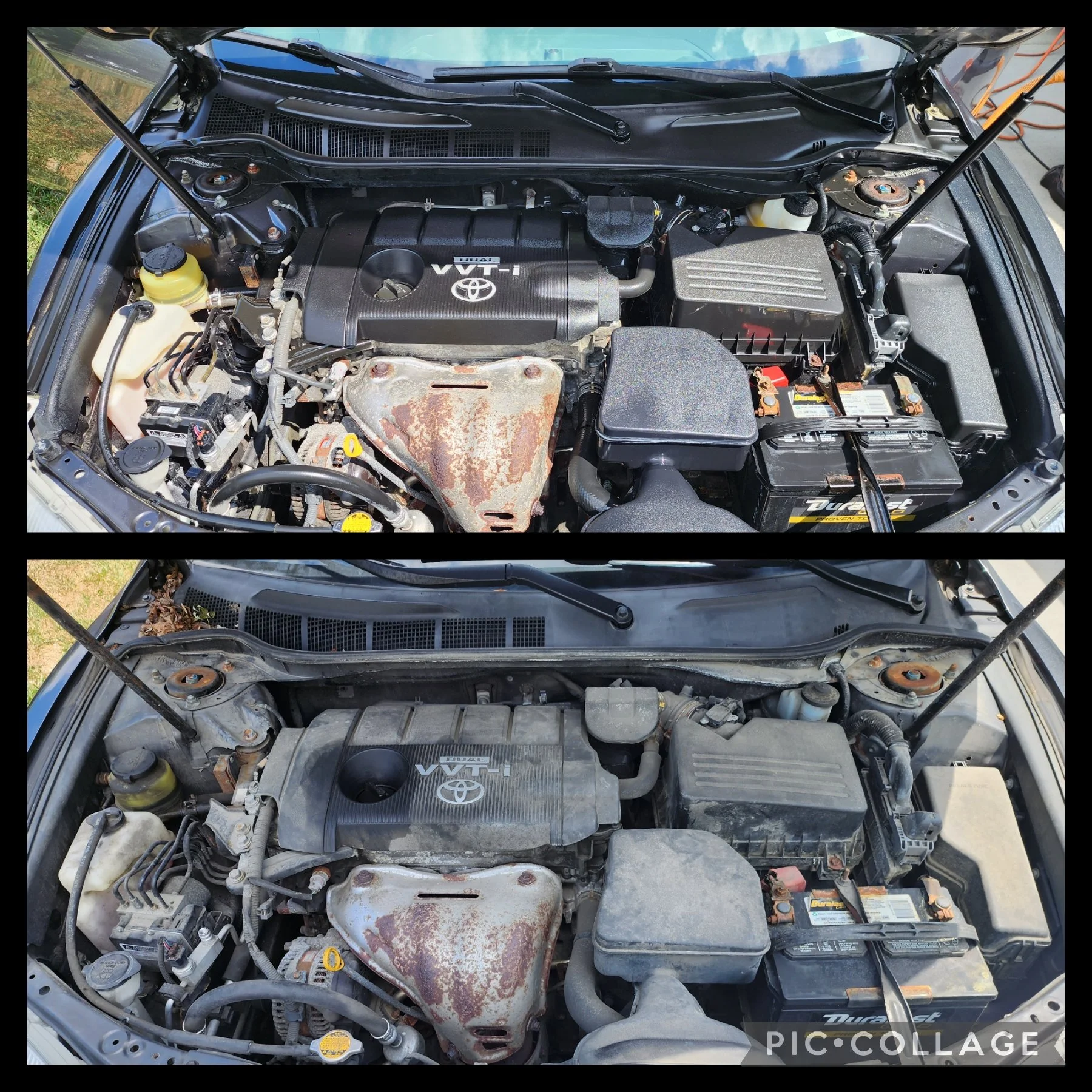 Comparison of a car engine bay before and after cleaning, showing removal of dust and dirt from engine components, with more rust on the heat shield in the after image.