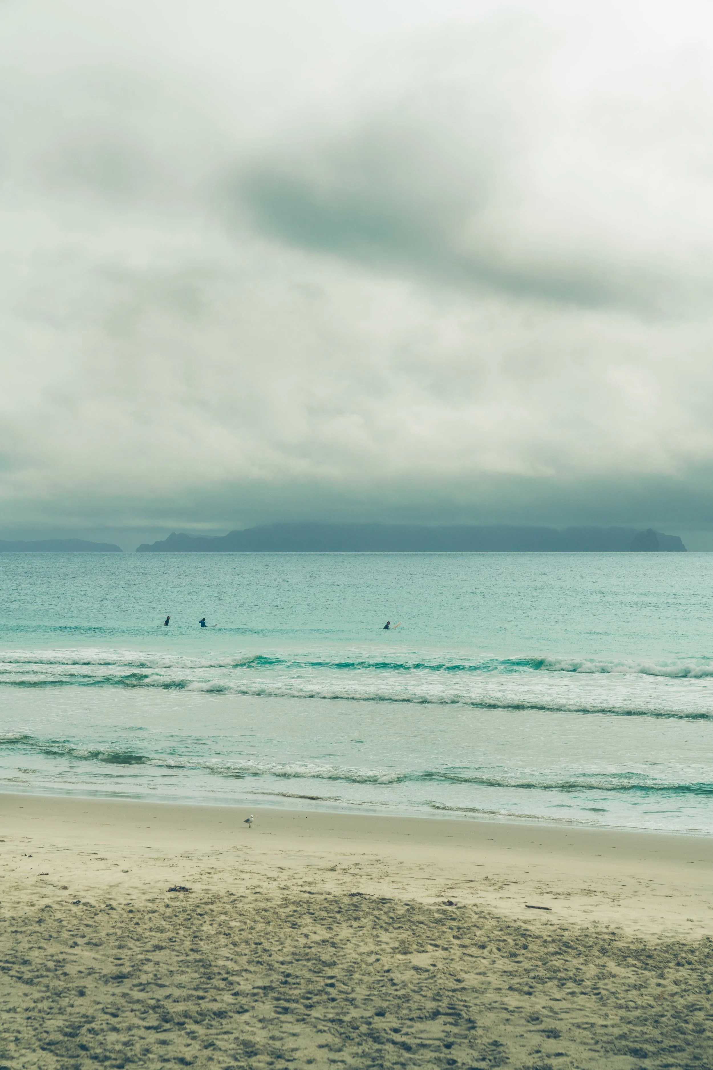 A sandy beach with small waves and three people surfing in the ocean. The sky is overcast with gray clouds, and distant landforms are visible on the horizon.