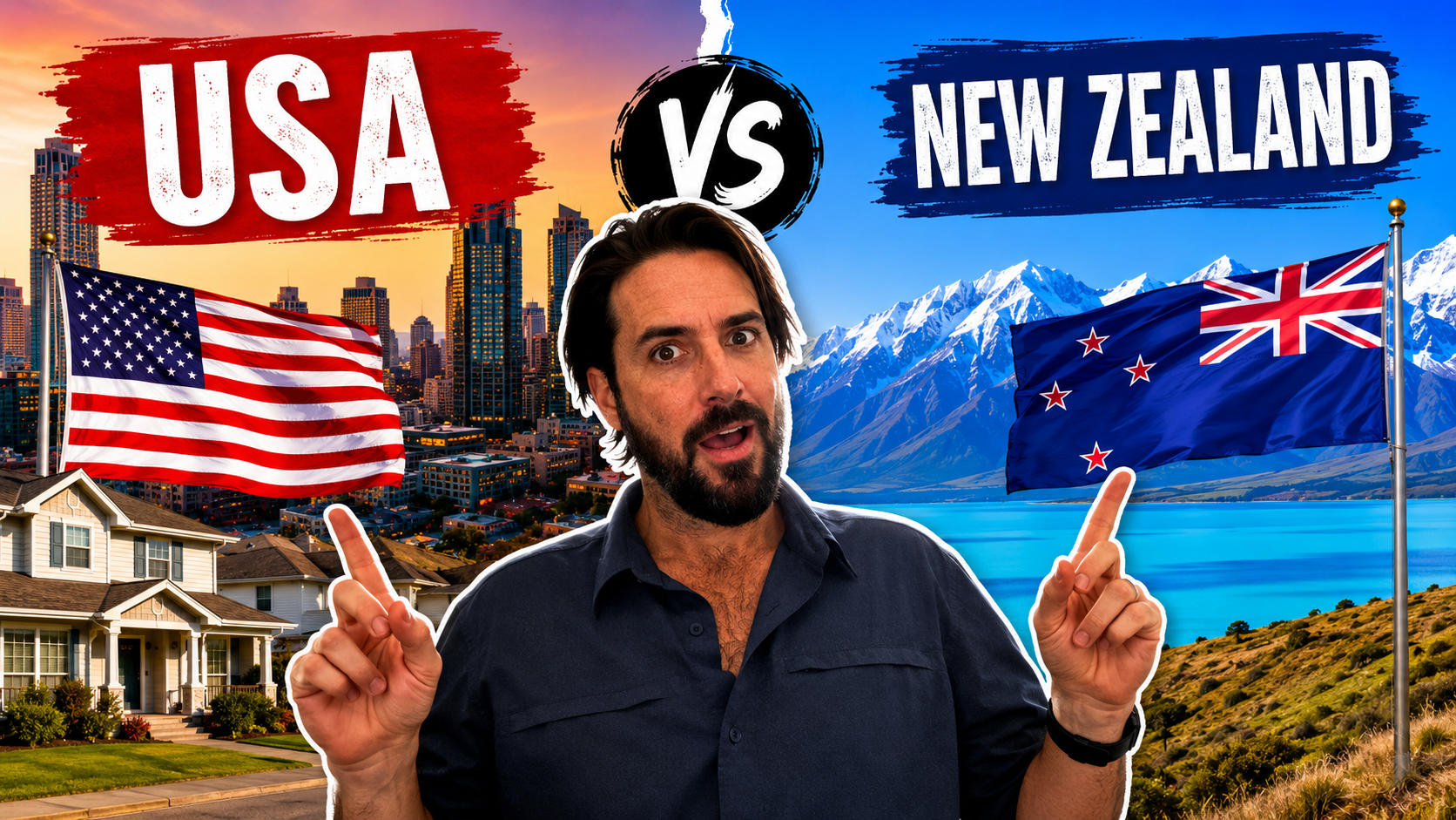 Alexander Ayling comparing the USA and New Zealand in a travel video about seven major cultural, lifestyle, housing, and everyday differences between the two countries.