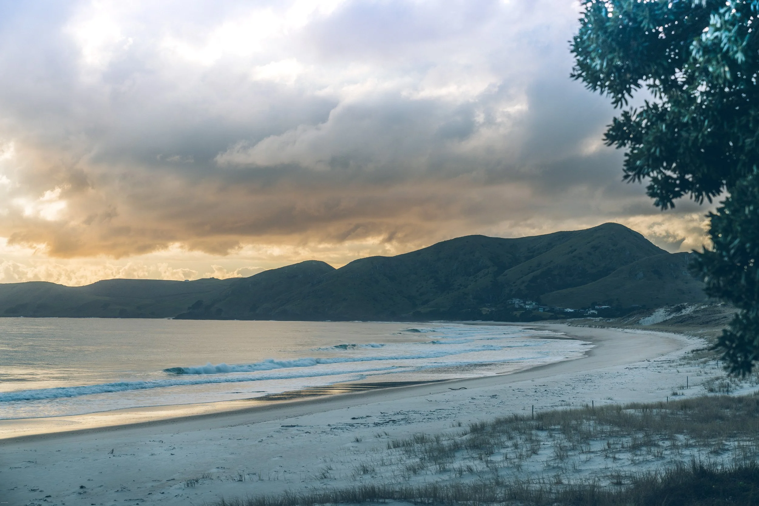 Sunrise over a secluded beach near Cathedral Cove and the Coromandel Coastal Walkway, with rolling waves and rugged hills along the Coromandel Peninsula, North Island, New Zealand.
