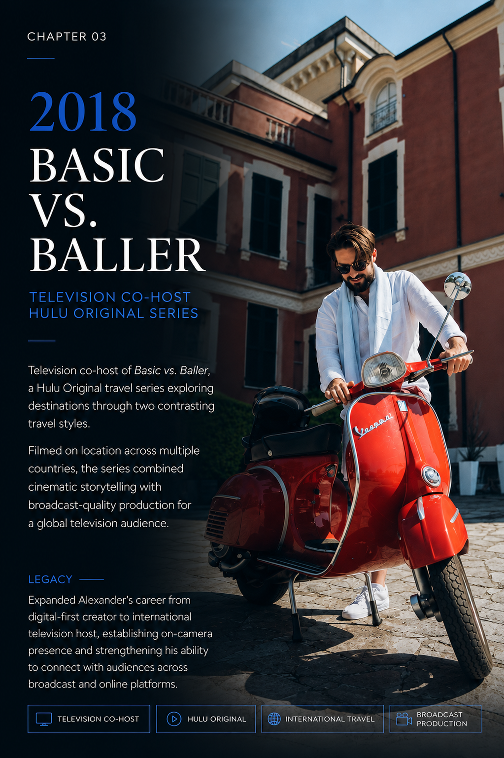 A man with sunglasses wearing a white shirt riding a red vintage Vespa scooter on a cobblestone street in front of a red and beige building with balconies, under a partly cloudy sky.