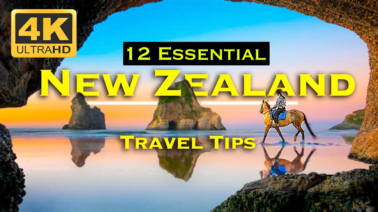 New Zealand travel tips video featuring a horseback rider on Wharariki Beach beneath the iconic Archway Islands in Golden Bay, South Island, New Zealand.