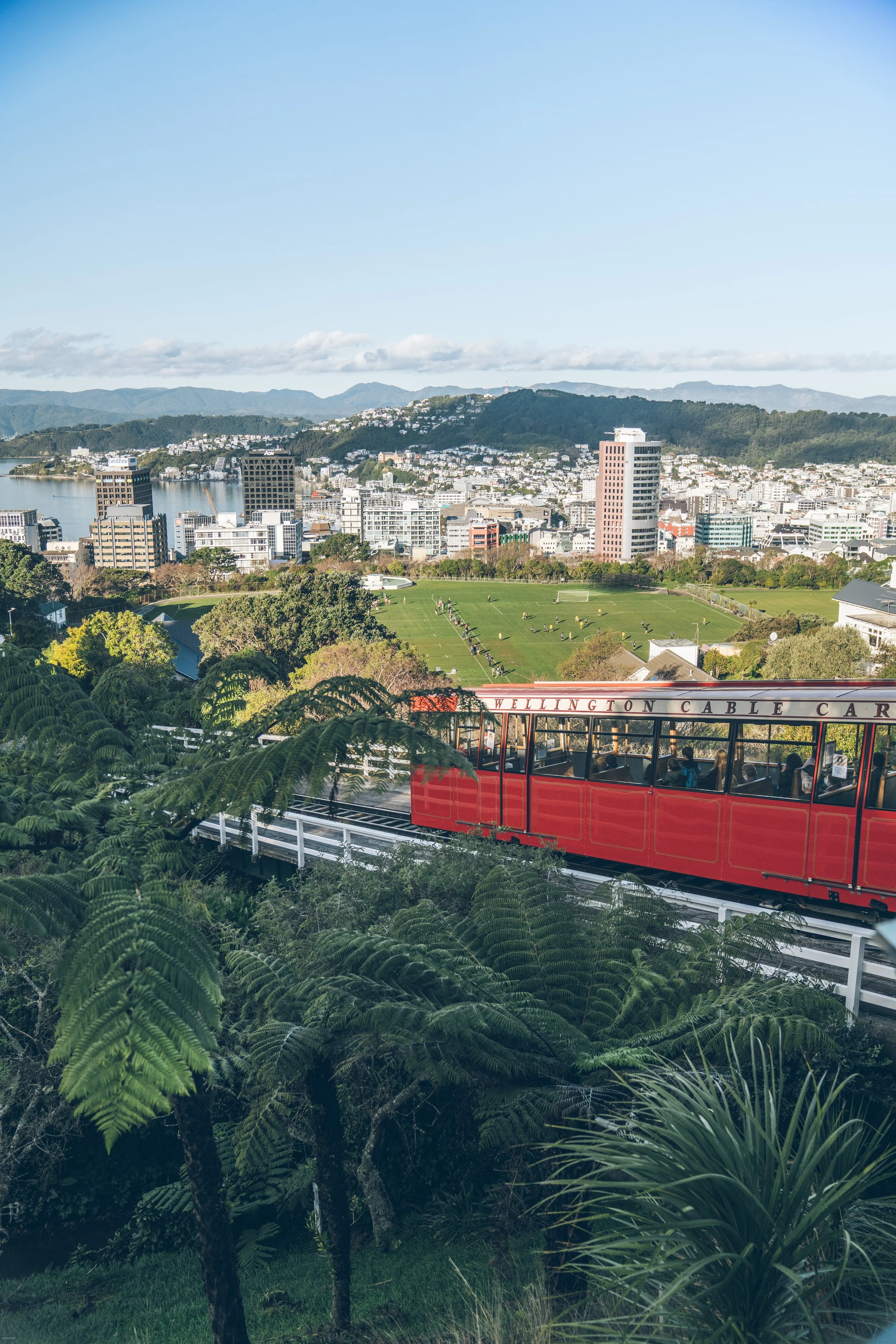 Iconic red Wellington Cable Car traveling above native forest with panoramic views across Wellington city and its surrounding hills, New Zealand.