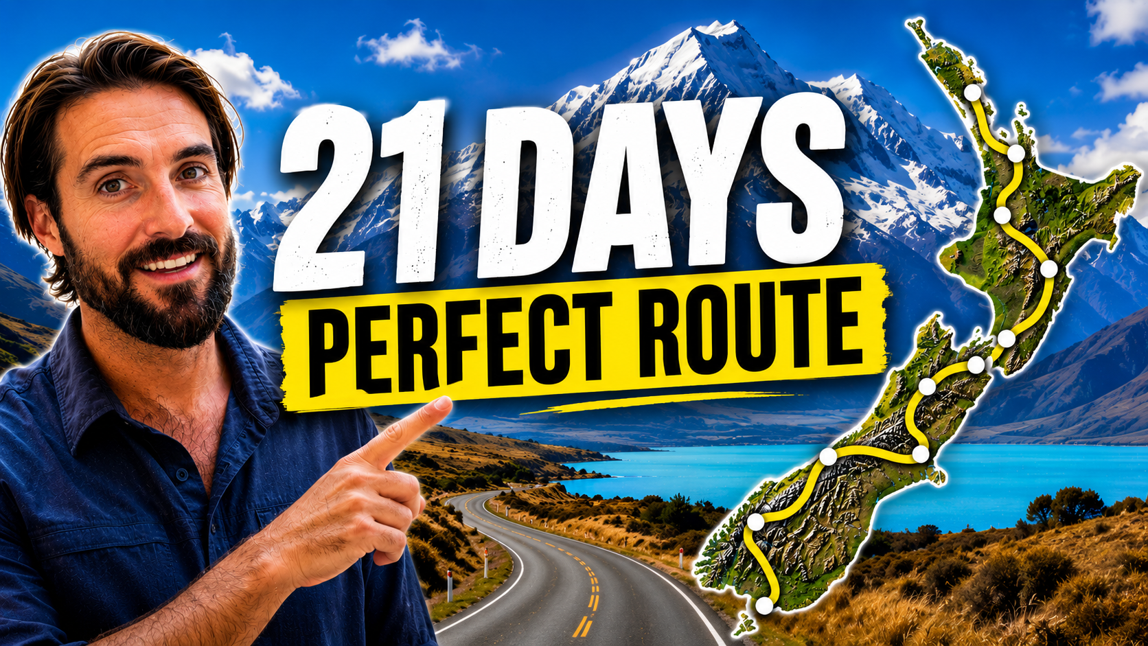 Alexander Ayling presenting a 21-day New Zealand itinerary and road trip route featuring Aoraki Mount Cook, Lake Pukaki, and a map of the North and South Islands.