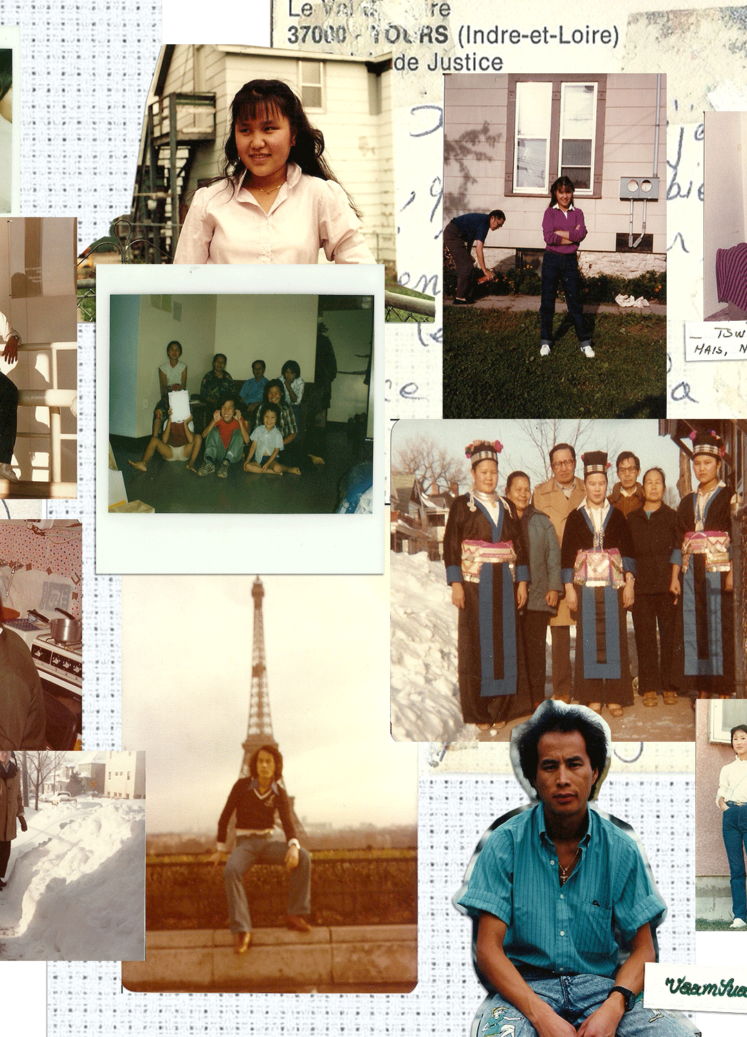Nam & Iv (Mom & Dad), 2020, traces my family's memories through time. This collage pieces vignettes together, from before, during, and after the Secret War.