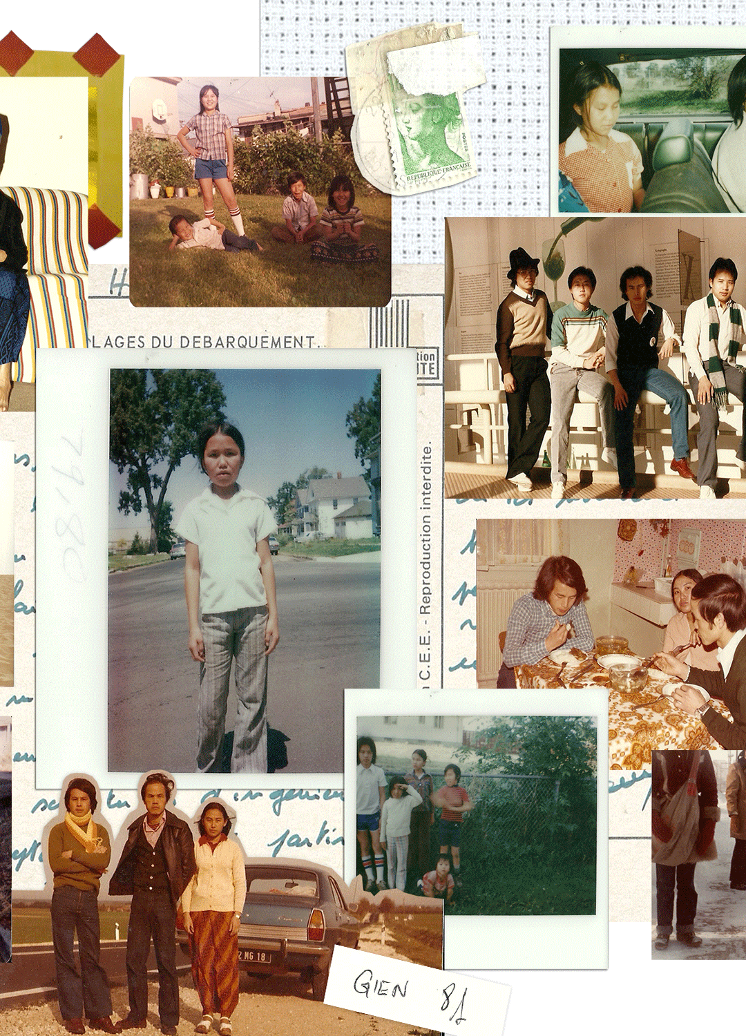 Nam & Iv (Mom & Dad), 2020, traces my family's memories through time. This collage pieces vignettes together, from before, during, and after the Secret War.