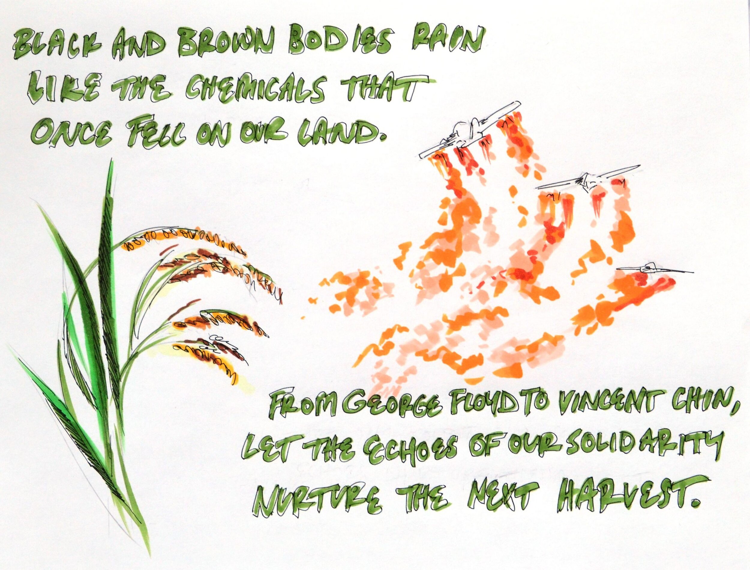 “For the Next Harvest,” 2021, was made in collaboration with The SEAD Project and artist Ahnali Tran. This mixed media booklet explores the metaphors between rice harvesting and assimilating into American culture as Southeast Asians.