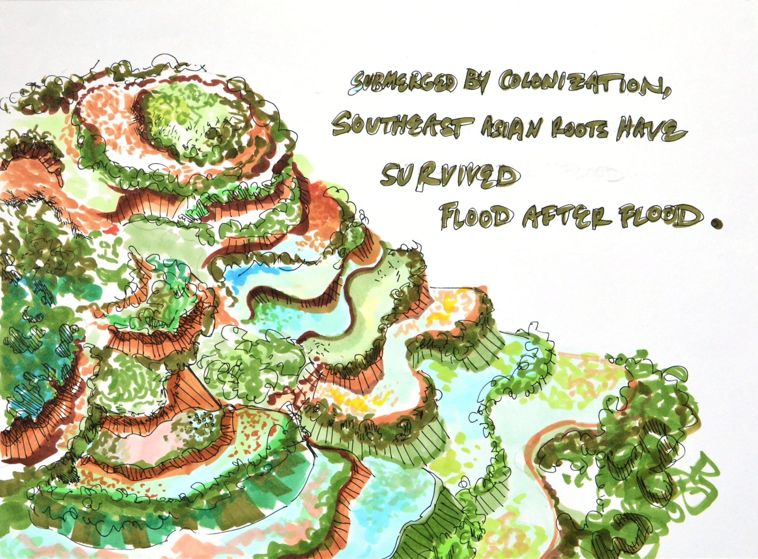 “For the Next Harvest,” 2021, was made in collaboration with The SEAD Project and artist Ahnali Tran. This mixed media booklet explores the metaphors between rice harvesting and assimilating into American culture as Southeast Asians.