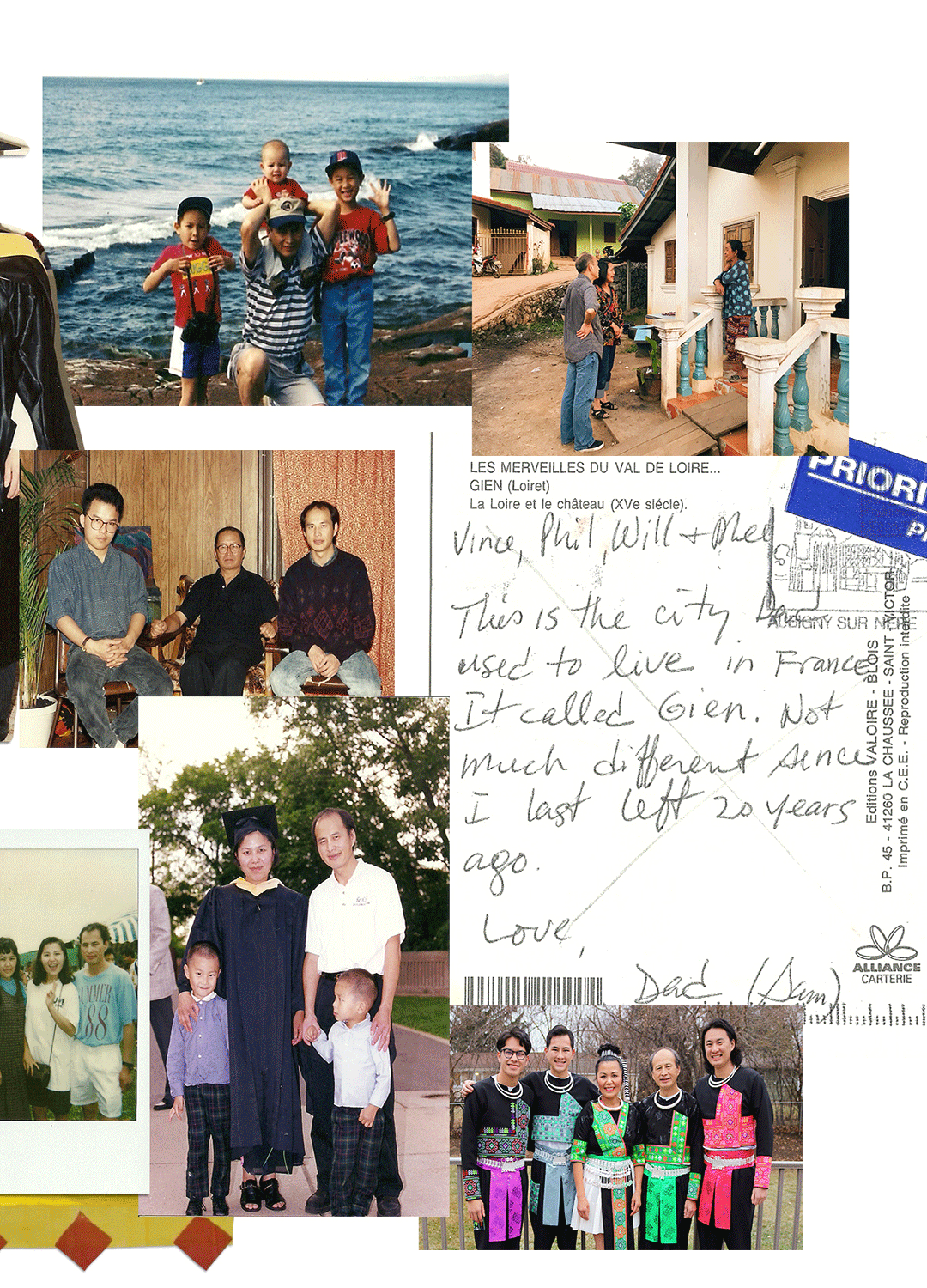 Nam & Iv (Mom & Dad), 2020, traces my family's memories through time. This collage pieces vignettes together, from before, during, and after the Secret War.