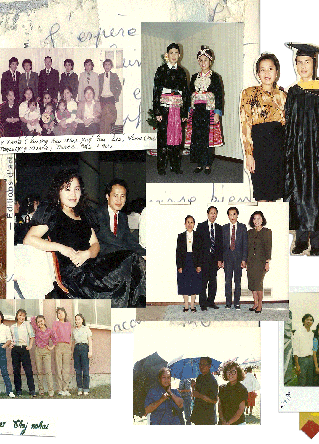 Nam & Iv (Mom & Dad), 2020, traces my family's memories through time. This collage pieces vignettes together, from before, during, and after the Secret War.