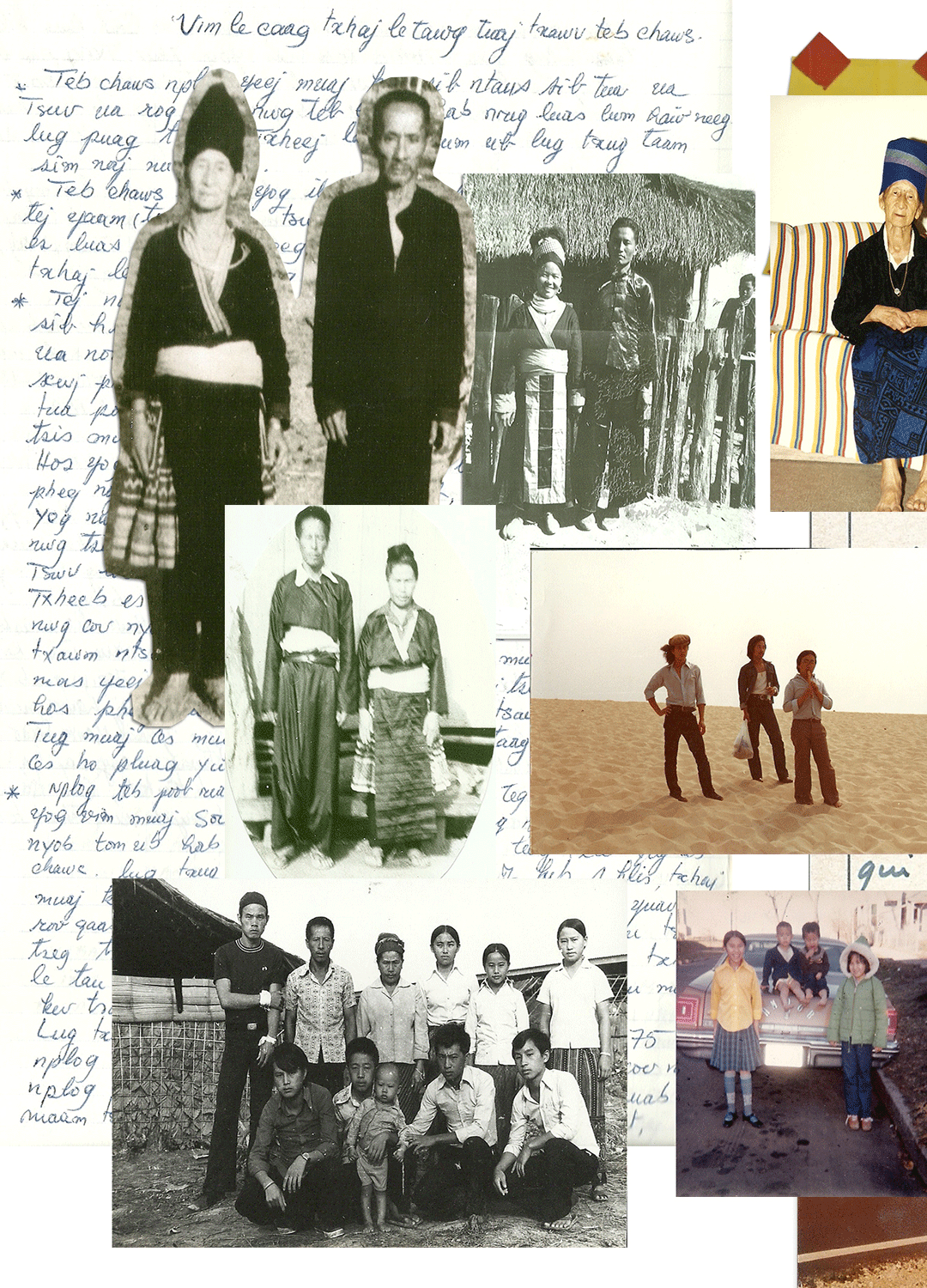 Nam & Iv (Mom & Dad), 2020, traces my family's memories through time. This collage pieces vignettes together, from before, during, and after the Secret War.