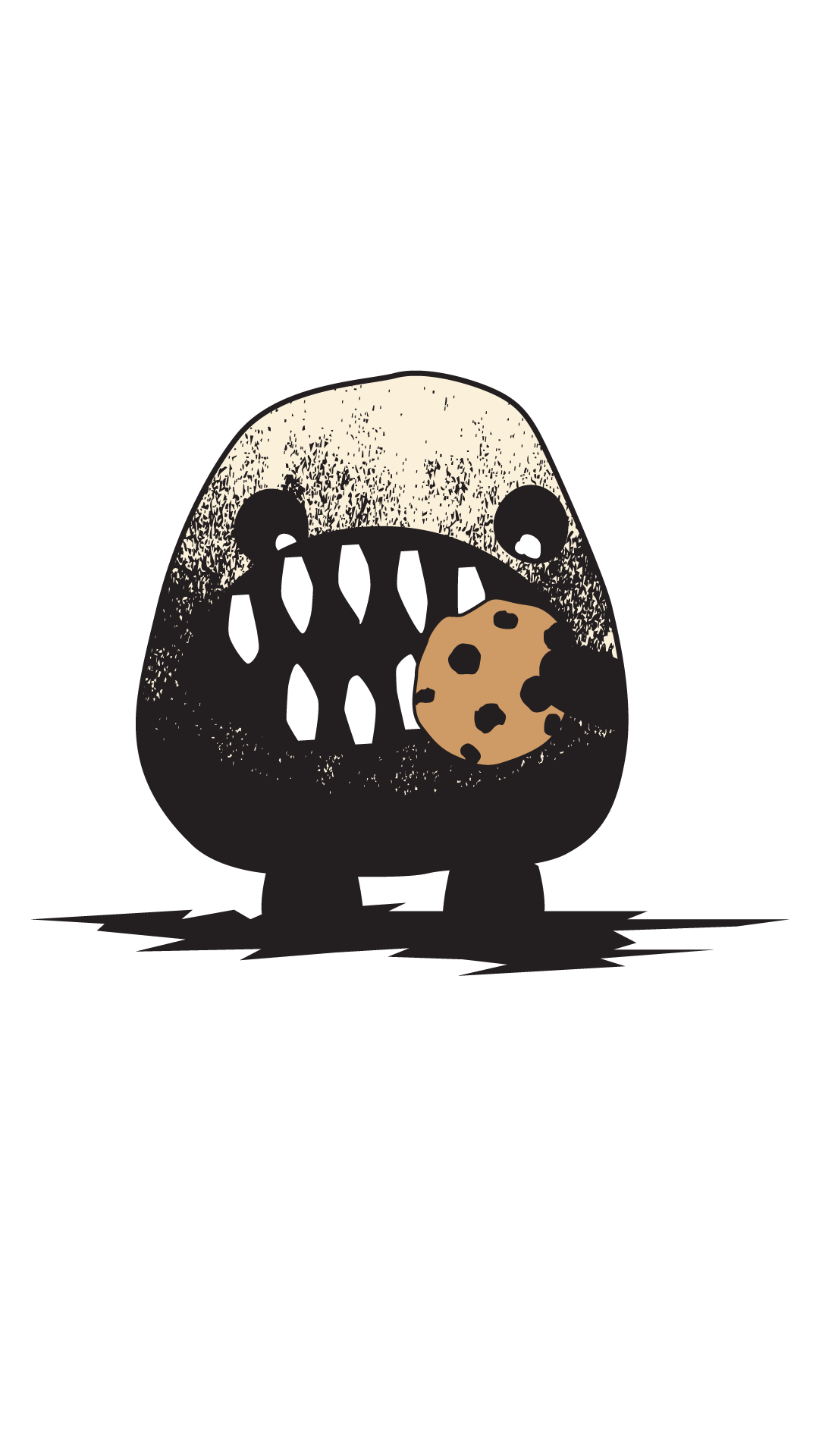 A cartoon monster with a large, rounded body, black and white face, sharp teeth, and holding a chocolate chip cookie, set against a black background.