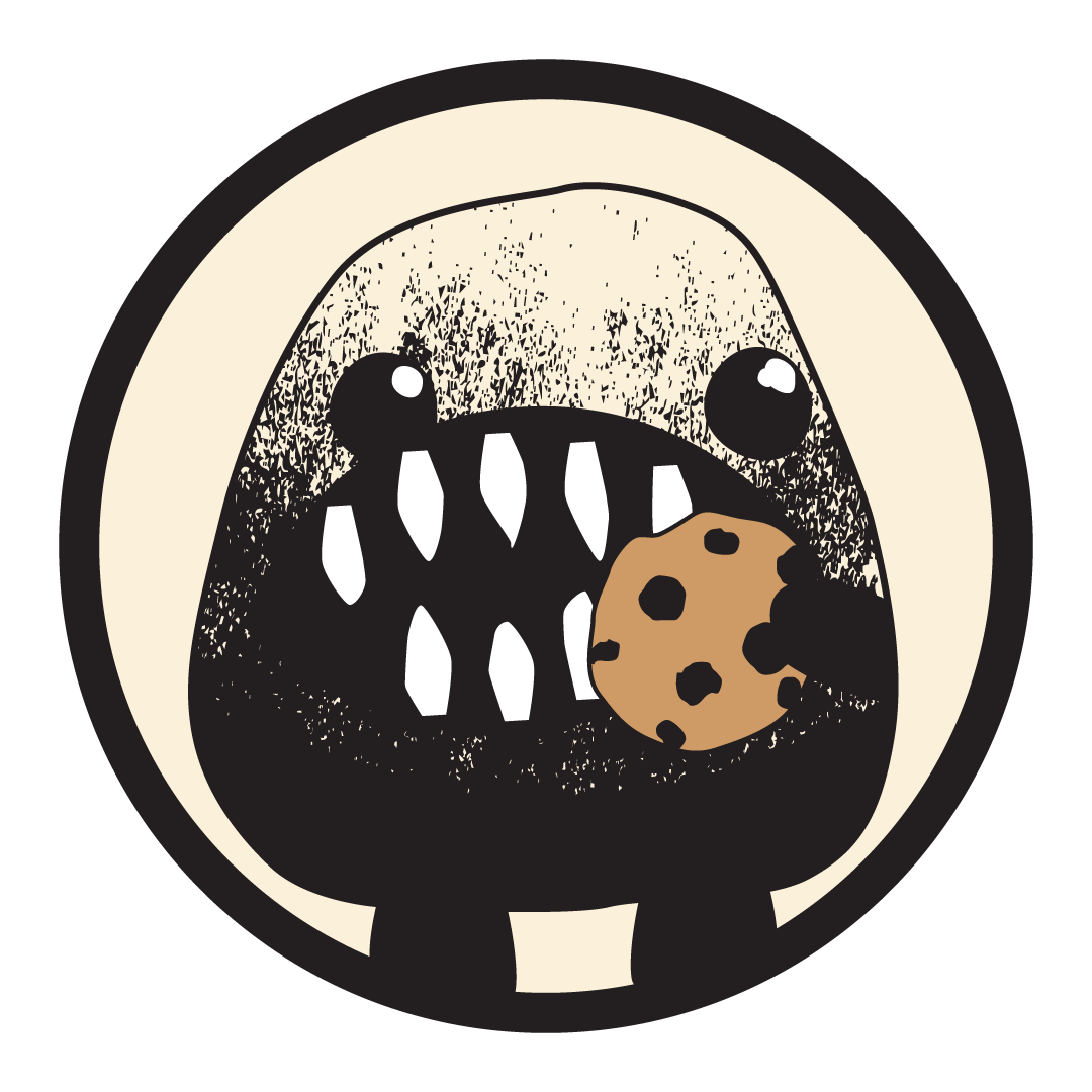Illustration of a cartoon monster with sharp teeth, big eyes, and a chocolate chip cookie in its mouth.