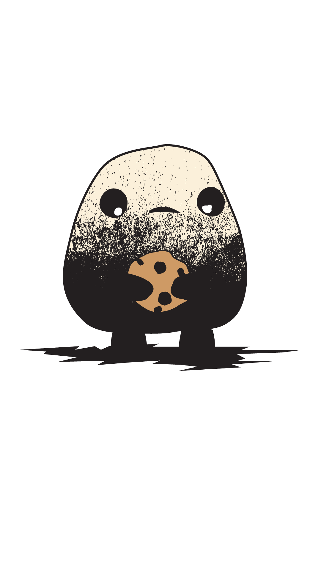 A cartoon monster with a round body, black and white coloring, and holding a chocolate chip cookie.