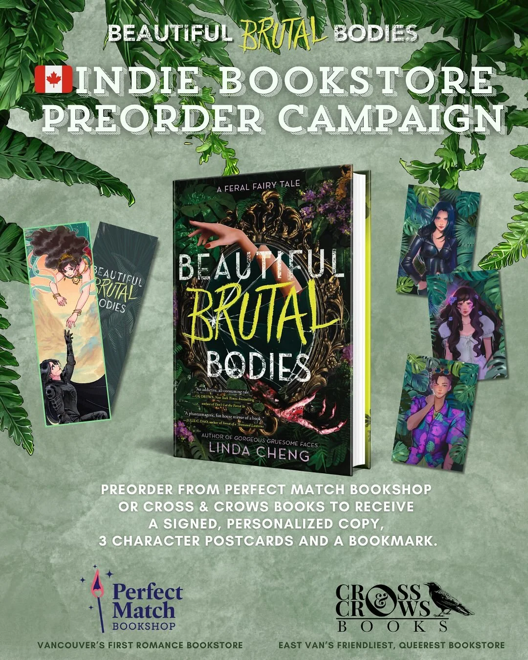 Thrilled to announce that I&rsquo;m partnering with two amazing Canadian indie bookstores for the BEAUTIFUL BRUTAL BODIES preorder campaign!! Preorder a copy of my upcoming sapphic folk horroromance from @perfectmatchbookshop or @crossandcrows to rec