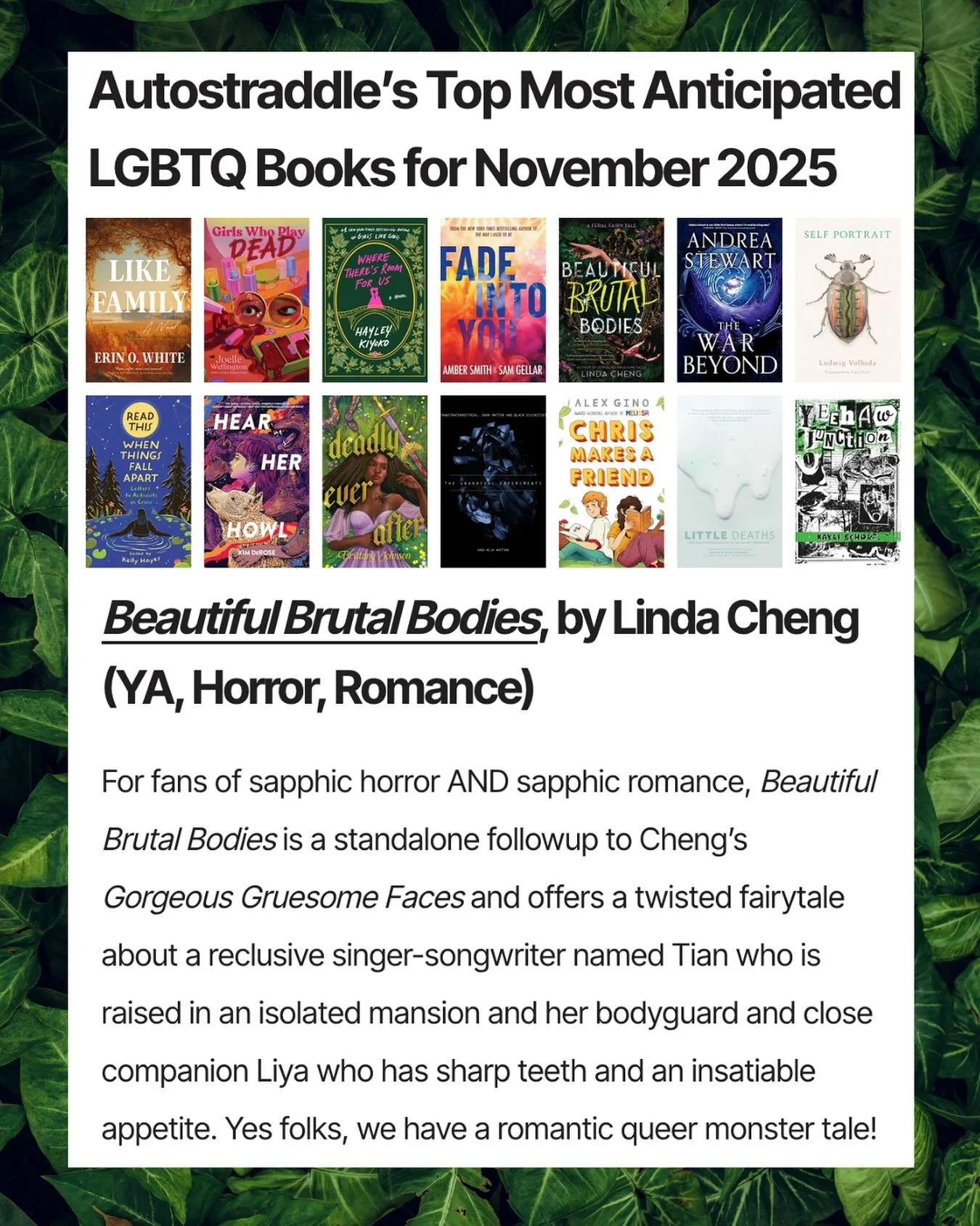 Thank you so much @autostraddle for including Beautiful Brutal Bodies on the most anticipated queer books for November! And what a list!! Please check out all the amazing books coming out in November, 🔗 in my bio! 

&nbsp;
#Ya #horror #thriller #yah