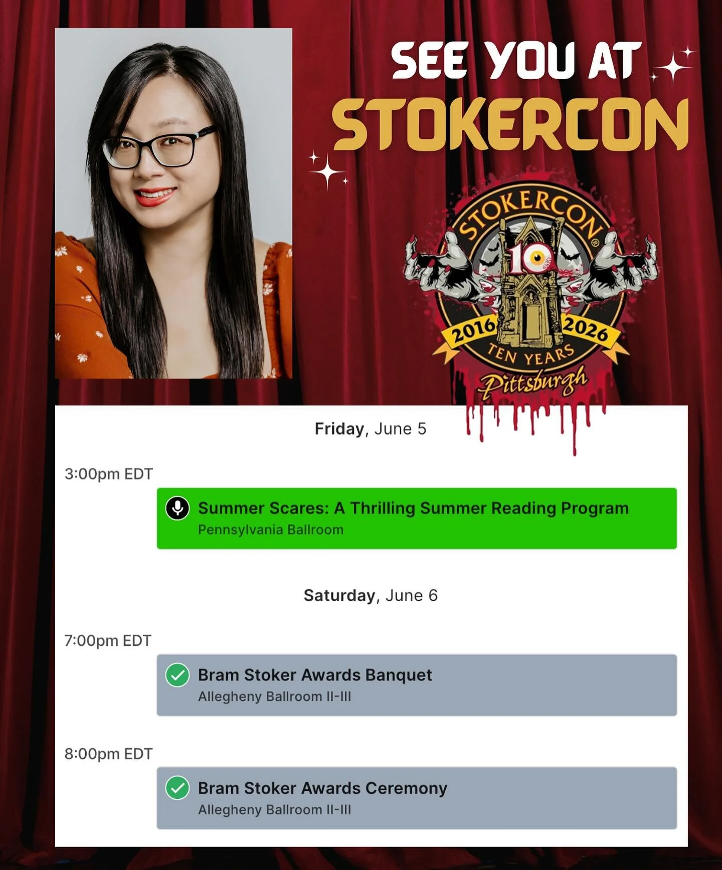 Who&rsquo;s all going to be at #stokercon because I AM!! 🤩🤩 So excited to be attending for the first time, where BEAUTIFUL BRUTAL BODIES is a nominee for superior achievement in YA horror!! I&rsquo;ll be speaking on the Summer Scares panel with SO 