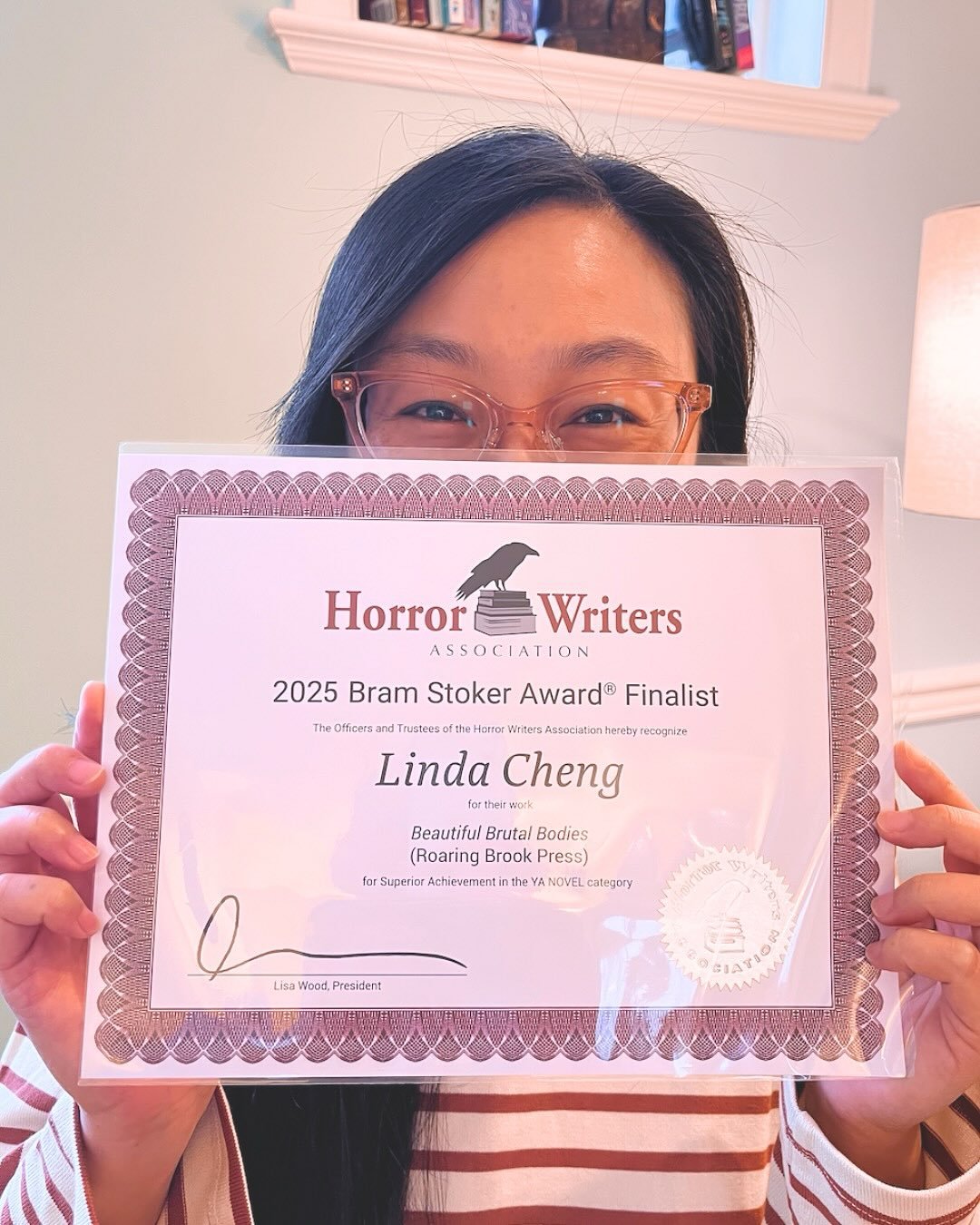 One week out from #stokercon and I&rsquo;m finally holding my official Stoker Award finalist certificate for BEAUTIFUL BRUTAL BODIES! Thank you so much once again to @thehorrorwritersassociation for the nomination, I will be riding this high forever!