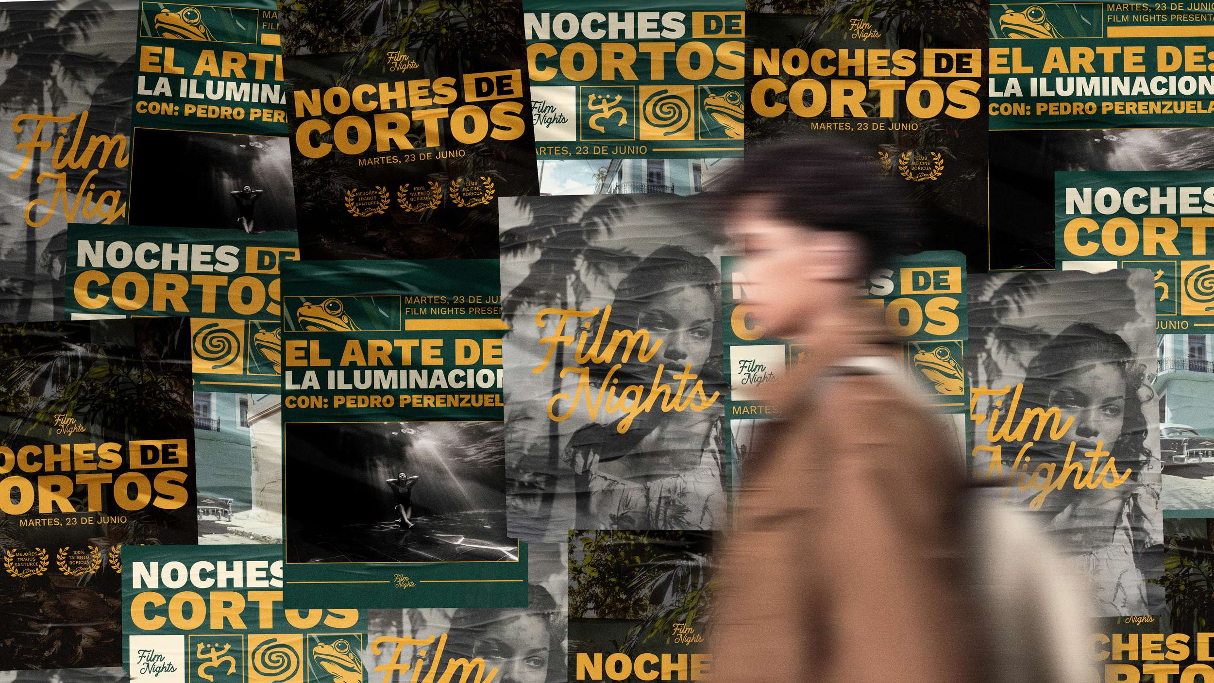 Multiple overlapping posters advertising a film event called "Noches de Cortos" with a subtitle "El Arte de la Iluminación" featuring Pedro Perenzuela, with images of a woman, a frog, and scenes from films, and event details in Spanish.