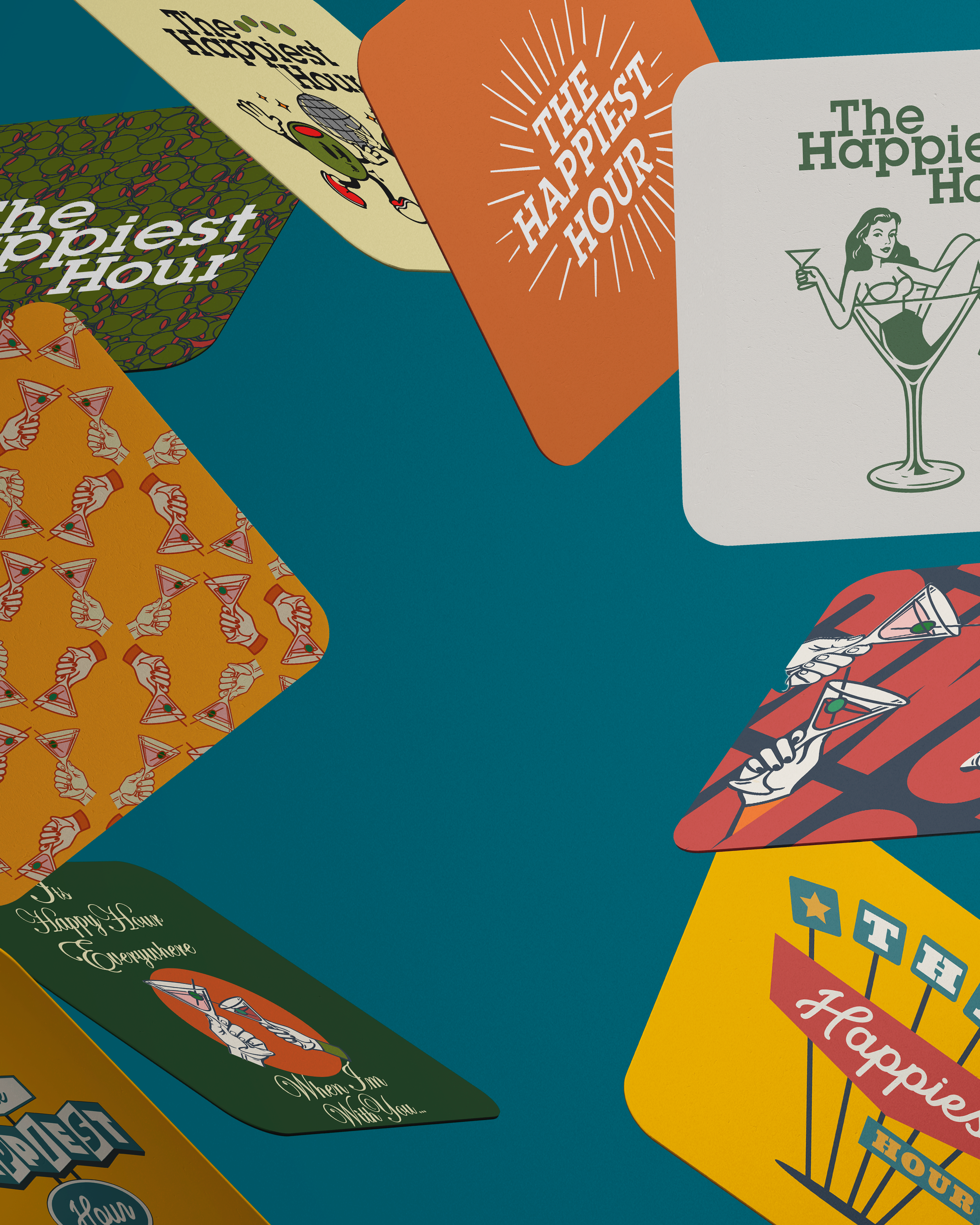 A collection of colorful cards with various printed messages and graphics, including phrases like "The Happiest Hour," "The Happy Hour," and "When I'm with You." The cards feature vibrant designs, such as a woman in a martini glass, a glittering globe, and a pattern of martini glasses, arranged on a teal background.