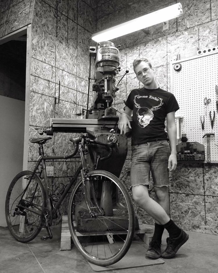 Me, my bike ‘Deep Gravy’ and my 1967 Bridgeport J-head mill. Summer 2015. Photo by Joe Librandi-Cowan.