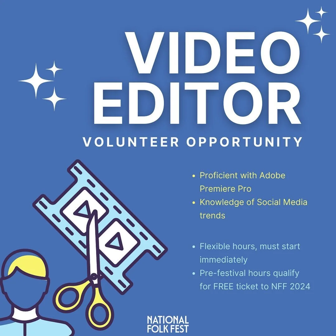 Did you know? 🤔⁉️
Nash welcomes volunteers all year round! 
You can also volunteer pre-festival in the office to earn your free ticket to the Folk Festival. Exciting,isn&rsquo;t it? 😃
.
We are looking for video editors to help us edit images and vi