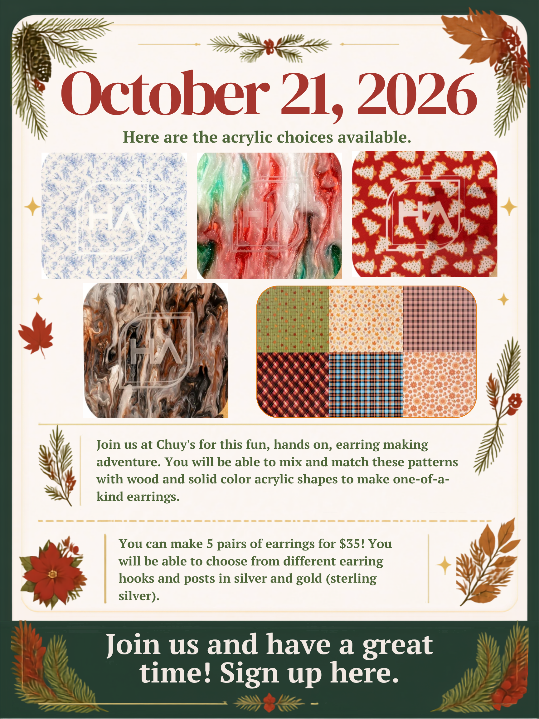October 21 earring-making event sign.png