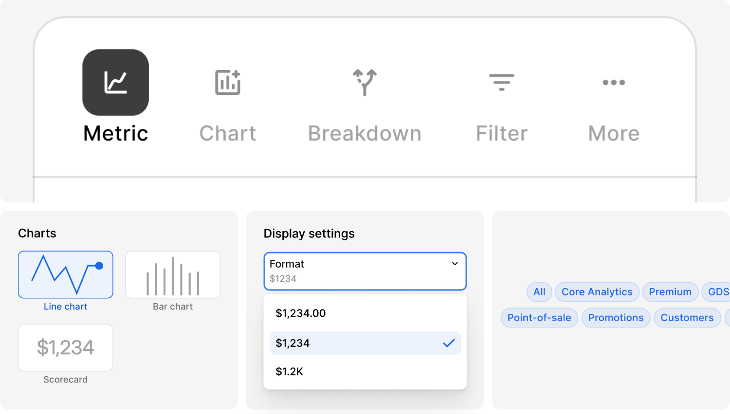 Incorporated a new rail component with new chart tiles, display settings, and metric catalog concept.